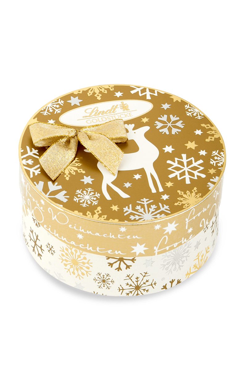 LINDT Schokolade Goldstücke Rundschachtel Pralinen Schokolade Geschenk Weihnachten 140g, 1 x 140 g, 1 St.