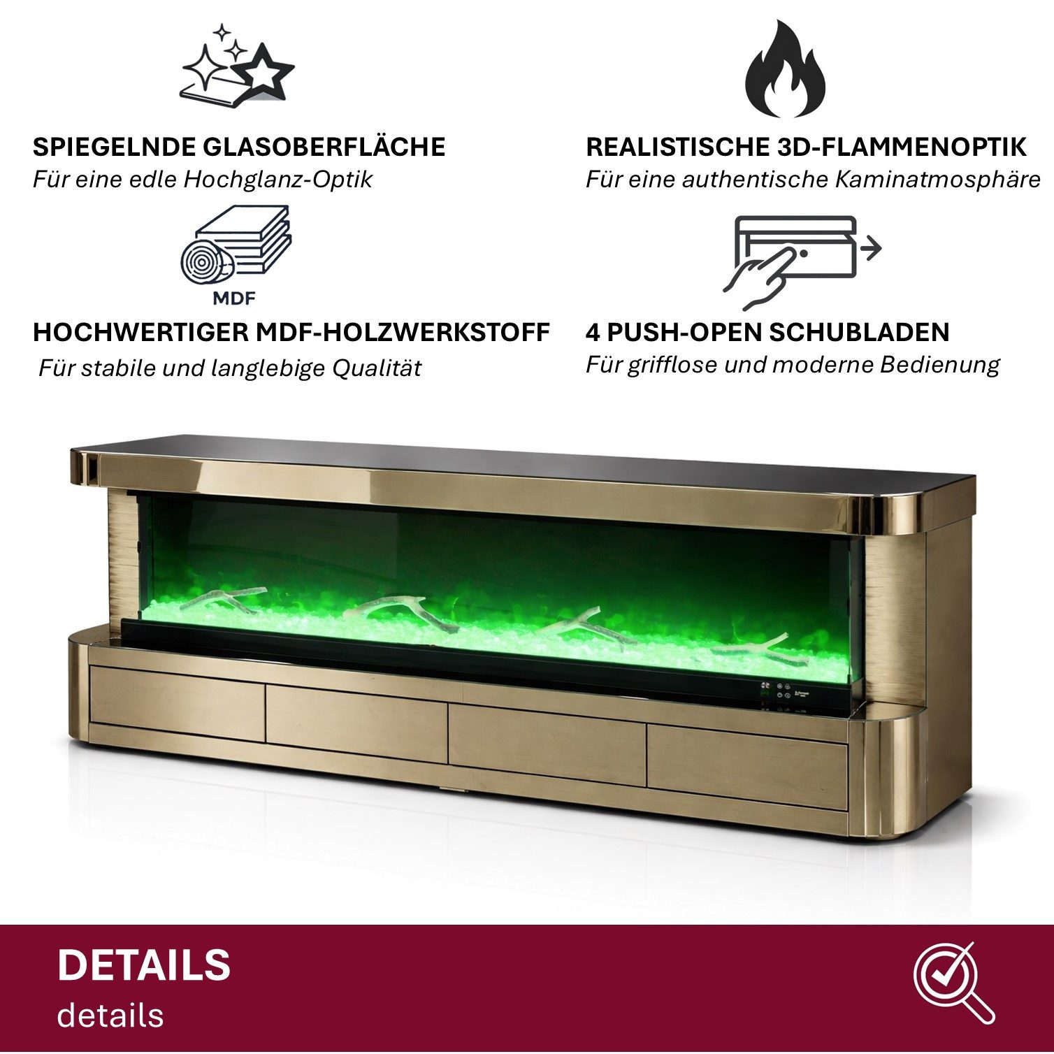 HOOZ TV-Schrank TV Lowboard mit Kamin – modernes Design Gold halbrund 200cm (Einzelprodukt, 1-St., TV Möbel Einzelmöbel) 3D-Flammenoptik, Push-Open Schubladen, hochglänzende Glasoberfläche