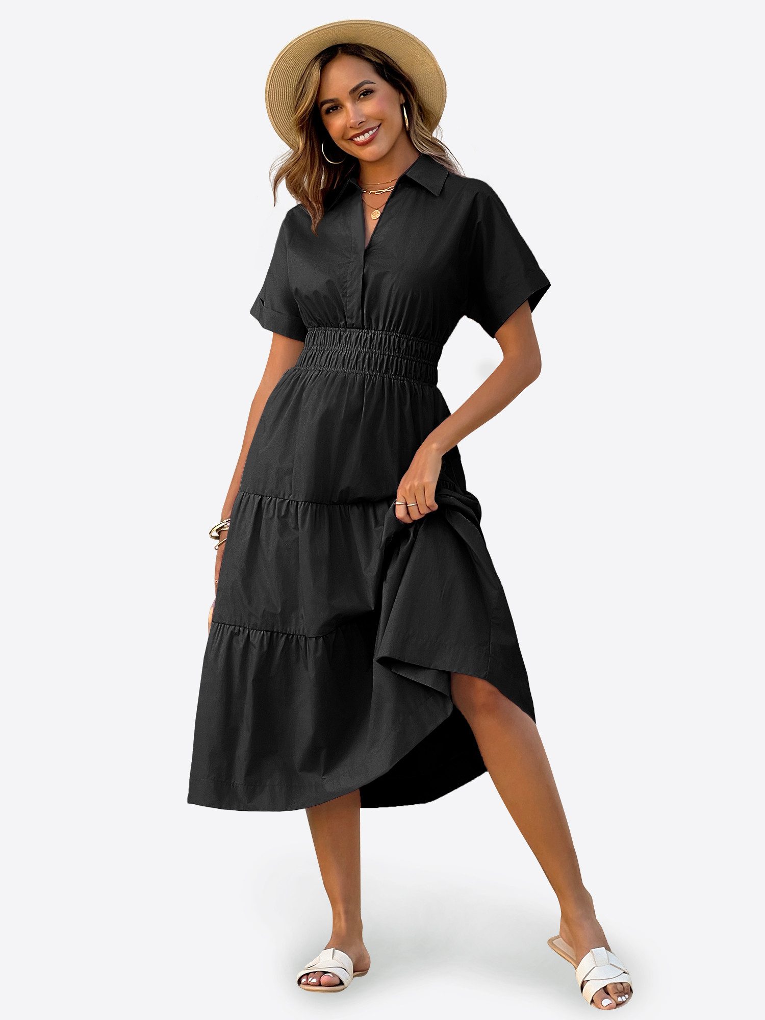 Imily Bela Maxikleid Damen Gerüschtes Fließendes Hemdkleid (Packung, 1-tlg., 1per-Pack) mit Taschen
