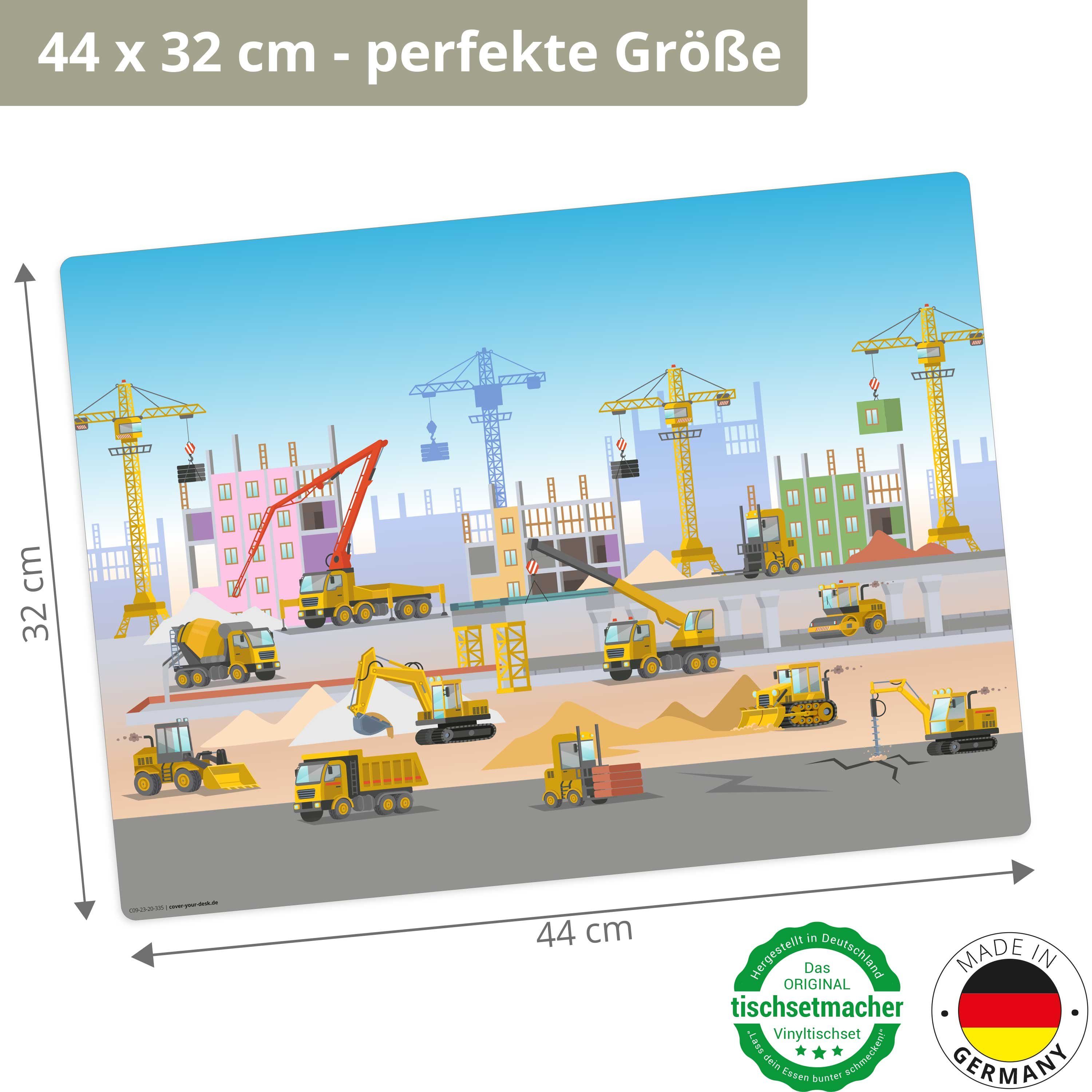 Tischsetmacher Platzset Tischset,  Platzset abwaschbar - Für Kinder - Baustelle mit Fahrzeugen, (aus erstklassigem Vinyl (Kunststoff - BPA-frei), 1-St., 44 x 32 cm - rutschfeste Tischdekoration), Made in Germany