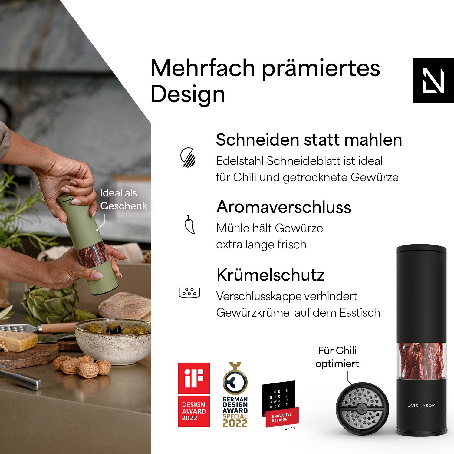 LARS NYSØM Gewürzmühle Lagom Chili, (1 Stück), hochwertiges Schneideblatt aus Edelstahl perfekt für Chili