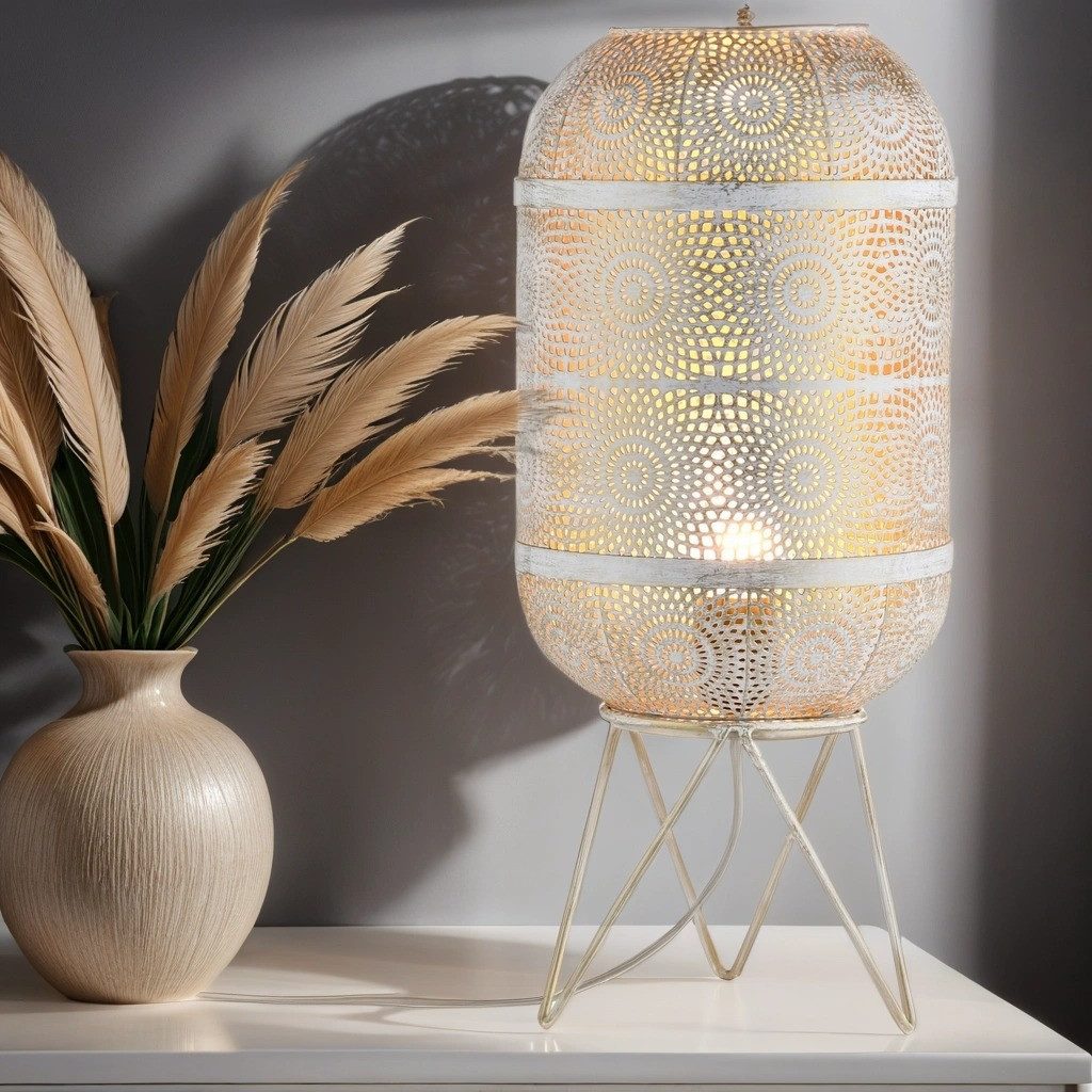 Marrakesch Orient & Mediterran Interior Nachttischlampe Orientalische Tischlampe Sankos handgefertigt aus Metall in Weiß 45 cm, ohne Leuchtmittel, Handarbeit