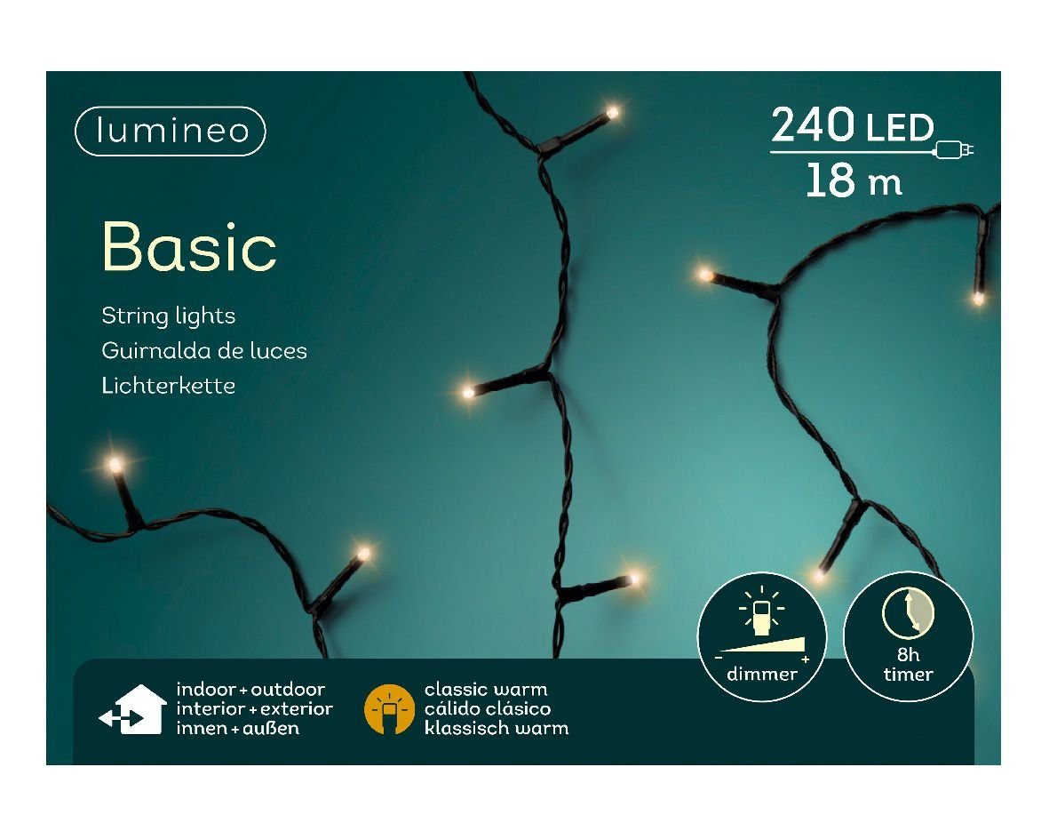 Lumineo LED-Lichterkette »Lichterkette Basic 240 LED's 18 m klassisch warm,  schwarzes Kabel«, Indoor & Outdoor, dimmbar, 8h-Timer, Weihnachten