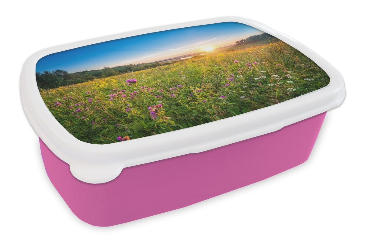 MuchoWow Lunchbox Sonne - Gras - Blumen, Kunststoff, (2-tlg), Brotbox für Erwachsene, Brotdose Kinder, Snackbox, Mädchen, Kunststoff rosa