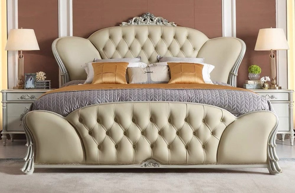 JVmoebel Polsterbett Chesterfield Bett Beige Kunstleder Massivholz Retro-Charme, Made in Europa