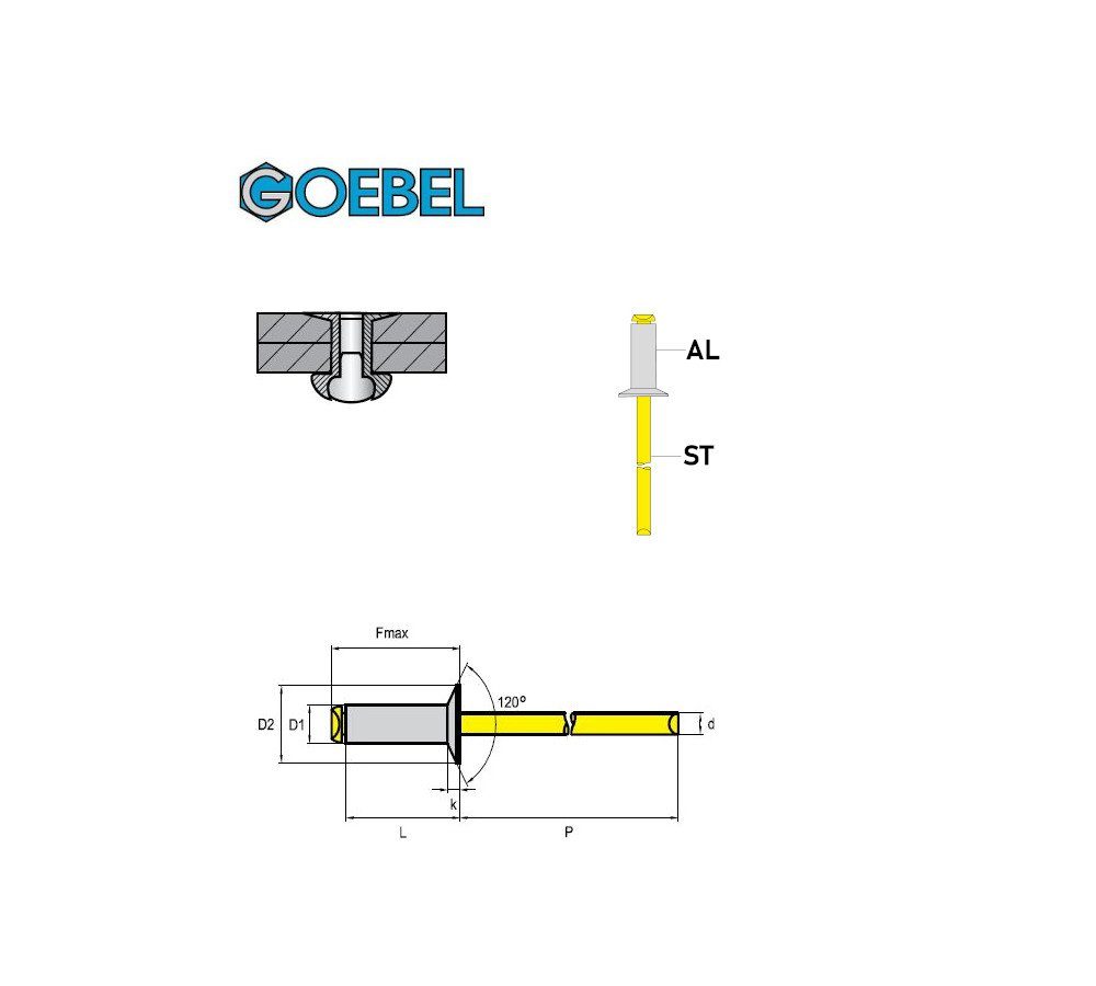 GOEBEL GmbH Blindniete 7071140140, (500x - / 4,0 Stahl STANDARD St., - Niete ISO15978 Senkkopf mm, Aluminium 500 Popniete), - 14,0 Senkkopf x