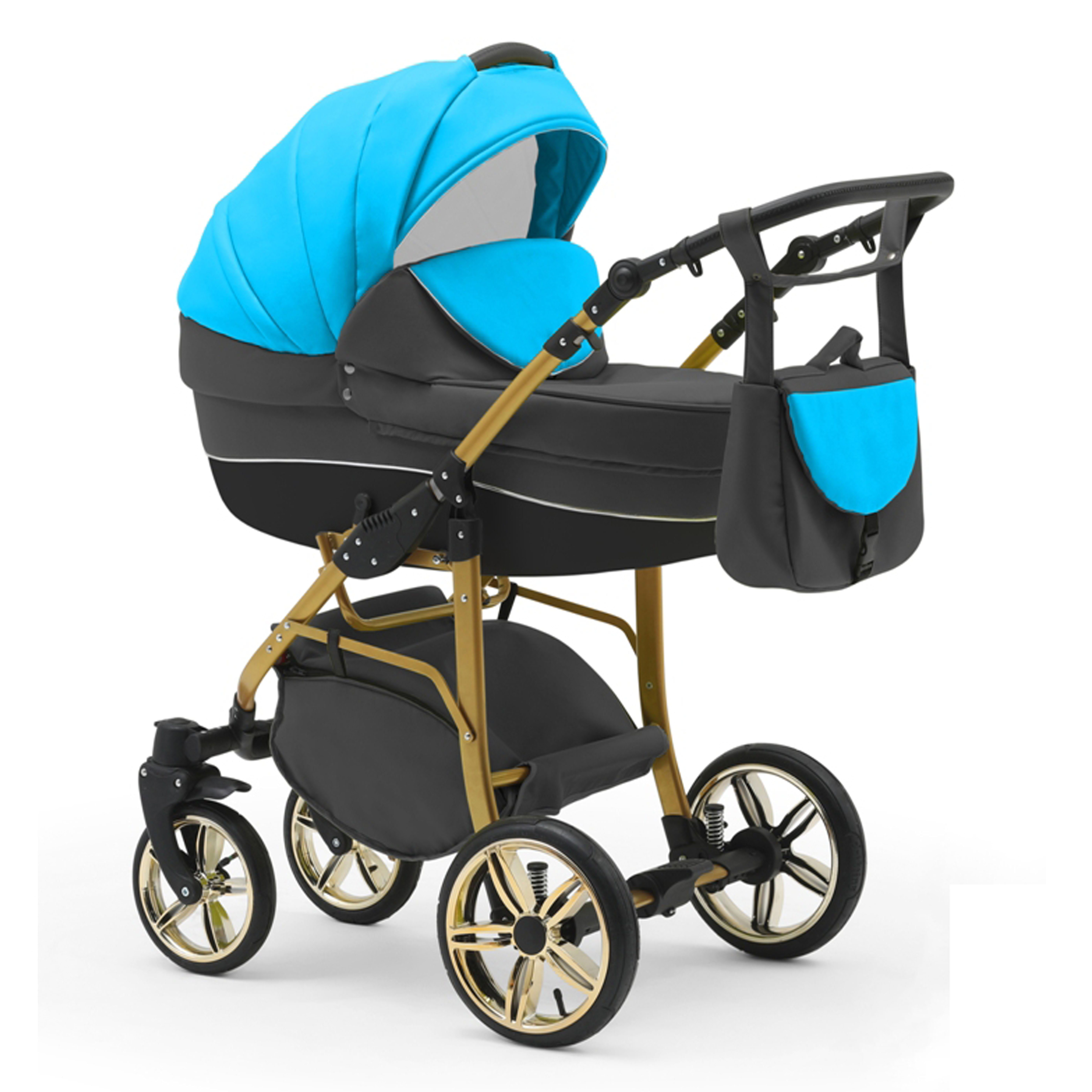 babies-on-wheels Kinderwagen-Set Türkis-Grau-Schwarz 46 1 Gold - 2 13 in - in Kombi-Kinderwagen Teile Cosmo Farben