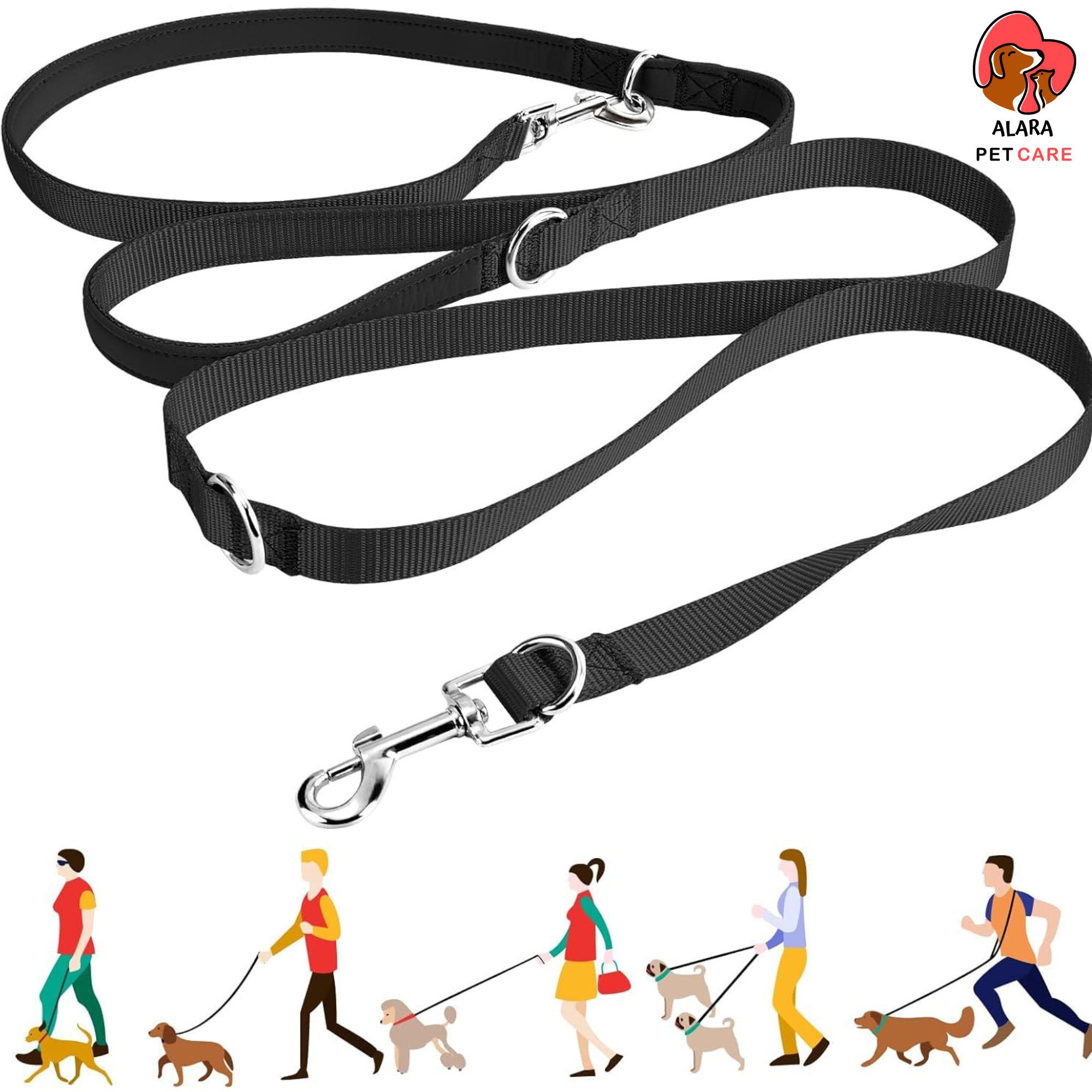 ALARA PET CARE Hundeleine Doppelleine Freihandleinen 2.5m verstellbar multifunktional Übungslein, (Packung, 1-tlg), schwarz, kurz:10cm, Mittlere: 13-15 cm, Lange: 18cm