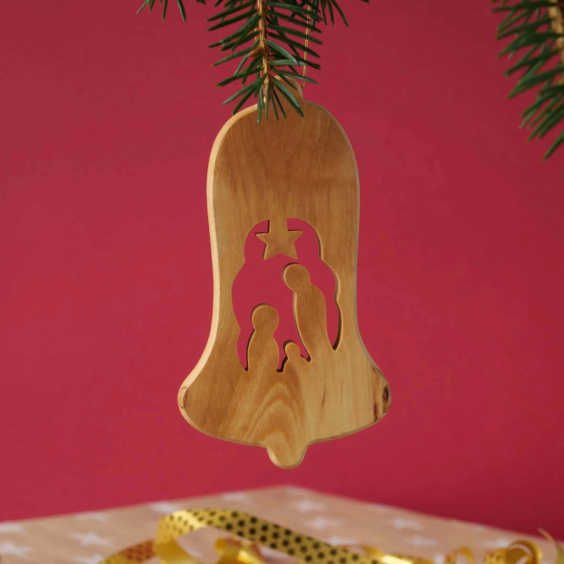 Kassis Dekoobjekt Weihnachtsdeko Baumschmuck aus Krippe, Olivenholzdeko, umweltfreundlich, Glocke handgemacht, ohne Bethlehem, Rinde Anhänger