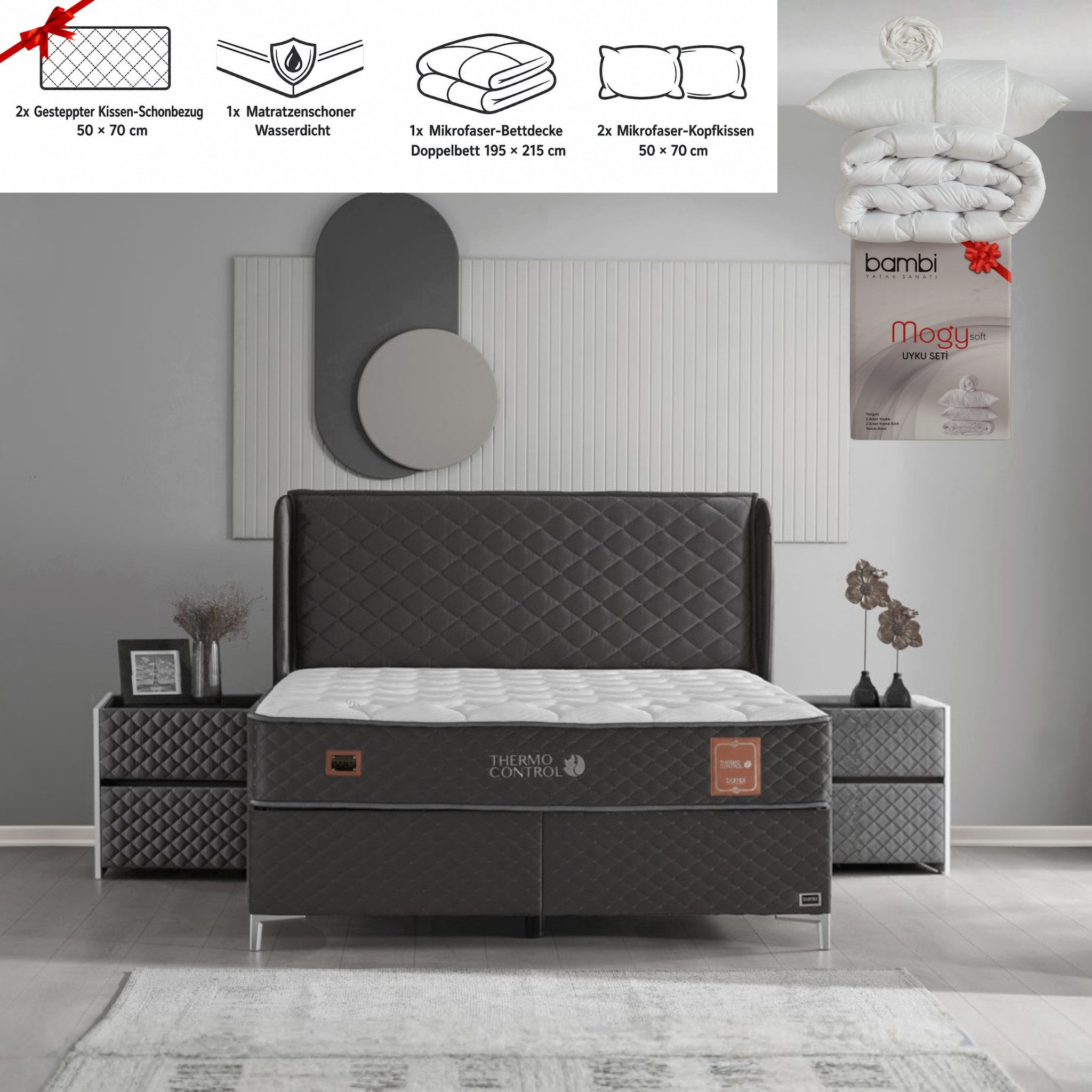 Bambi Boxspringbett mit Taschenfederkernmatratze Polsterbett Stauraumbett inkl. Lieferung (Set, 2 Bettkästen + Matratze + Kopfteil (Nachttisch optional), inkl. Lieferung