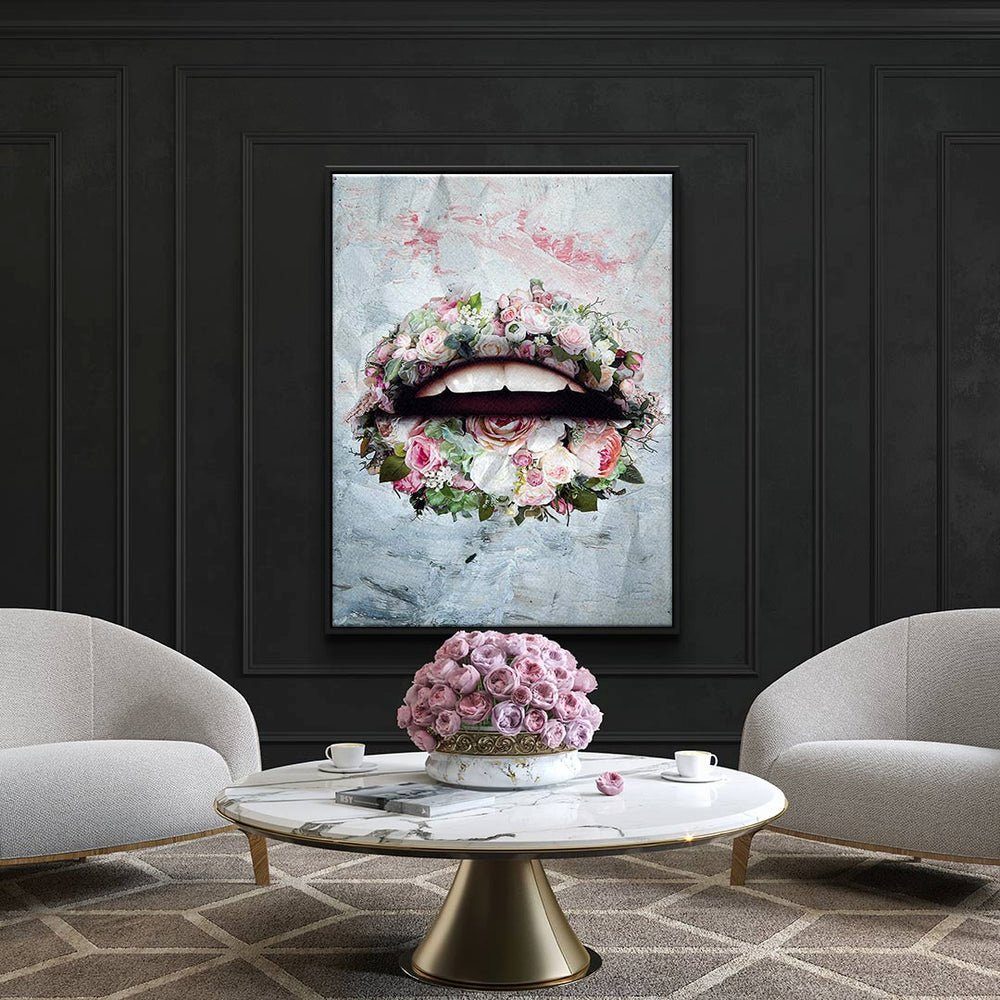 - goldener Leinwandbild Wandbild Art Lips Premium Pop modernes Leinwandbild, - DOTCOMCANVAS® - & Flowers Rahmen