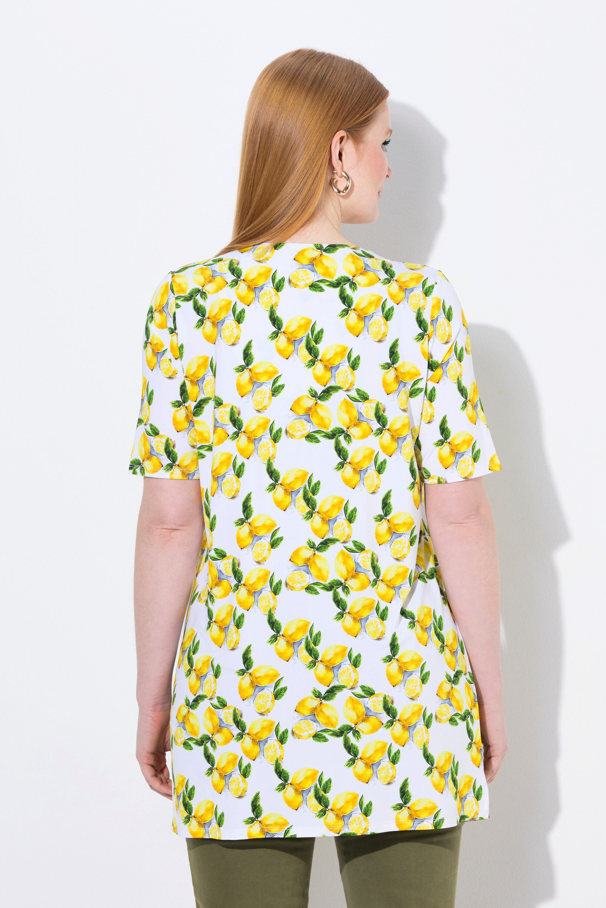Ulla Popken Longshirt Slinky-Shirt Zitronen A-Linie V-Ausschnitt Halbarm