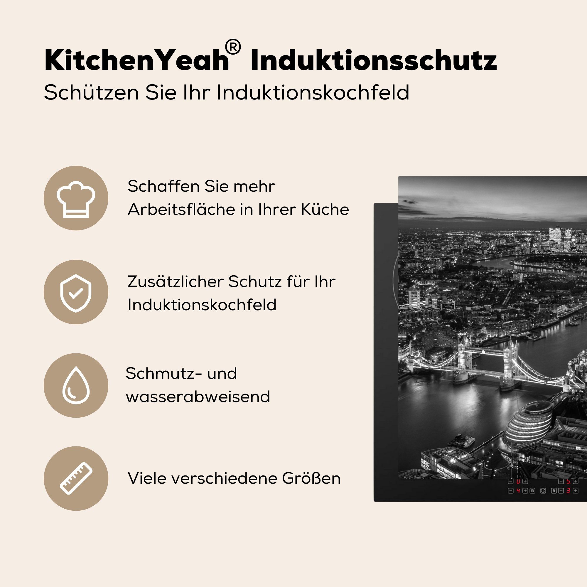 MuchoWow (1 Morgen 78x78 Herdblende-/Abdeckplatte cm, schwarz - weiß, am für tlg), Londoner küche Arbeitsplatte Skyline und Vinyl, Ceranfeldabdeckung,