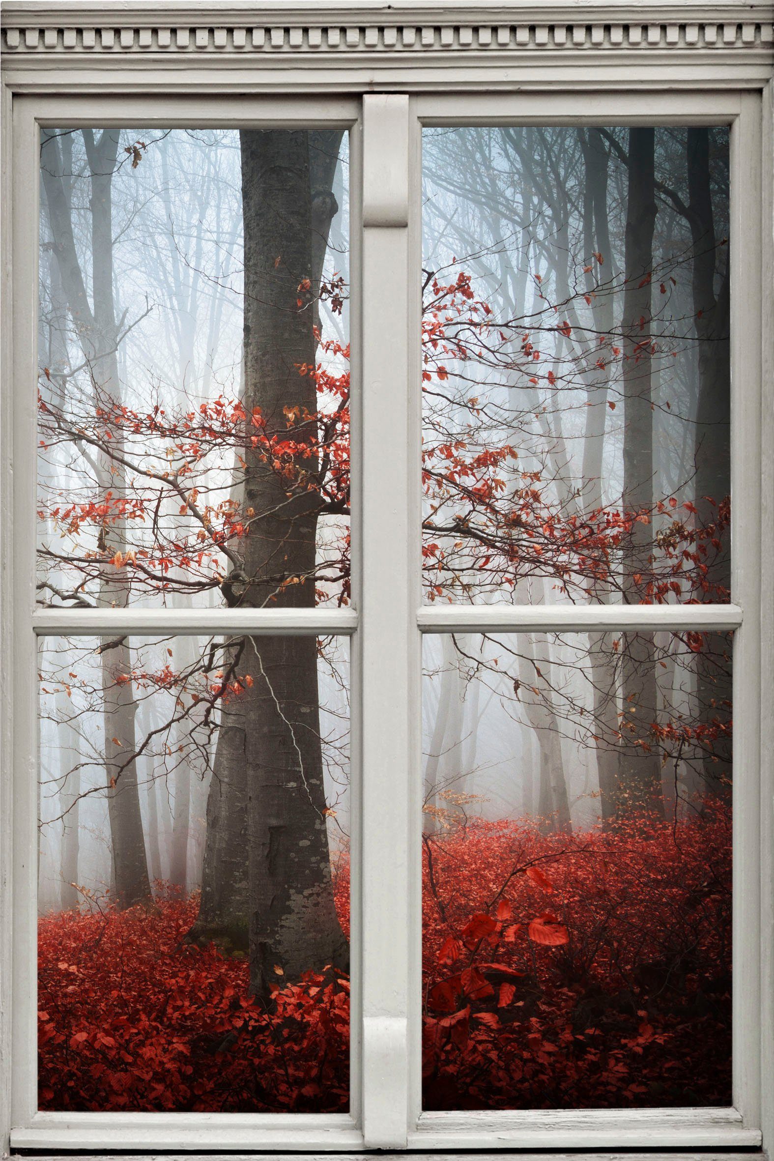 queence Wandsticker Wald in Herbst, Wandsticker, Wandbild, selbstklebend, 3D, Fenster