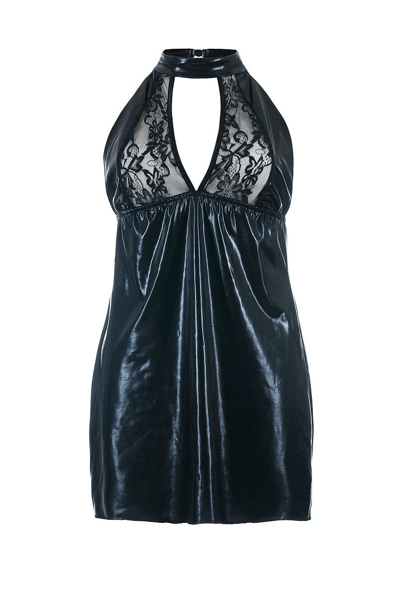 Andalea Spitzenkleid Minikleid schwarz Übergröße + Armstulpen Latex-Optik Wetlook (2-tlg) – Bild 3 von 5
