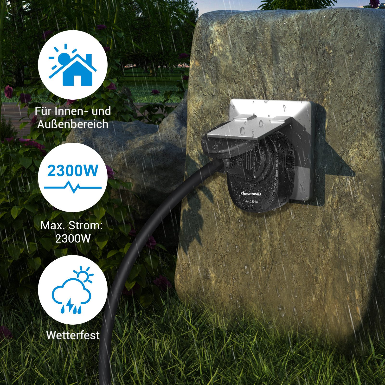 DEWENWILS Funksteckdose mit Fernbedienung, Außen, max. 3680 W, 1-St., Funkstecker für Feiertagsdeko, 30 M Reichweite
