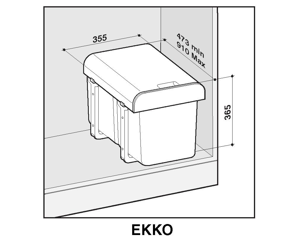 EKOTECH Einbaumülleimer Abfallsammler schwarz 2x EKKO.20 Einbau ausziehbar 40cm Mülltrennung, Schrankbreite Mülleimer ab 16 montiert Küchen 2er