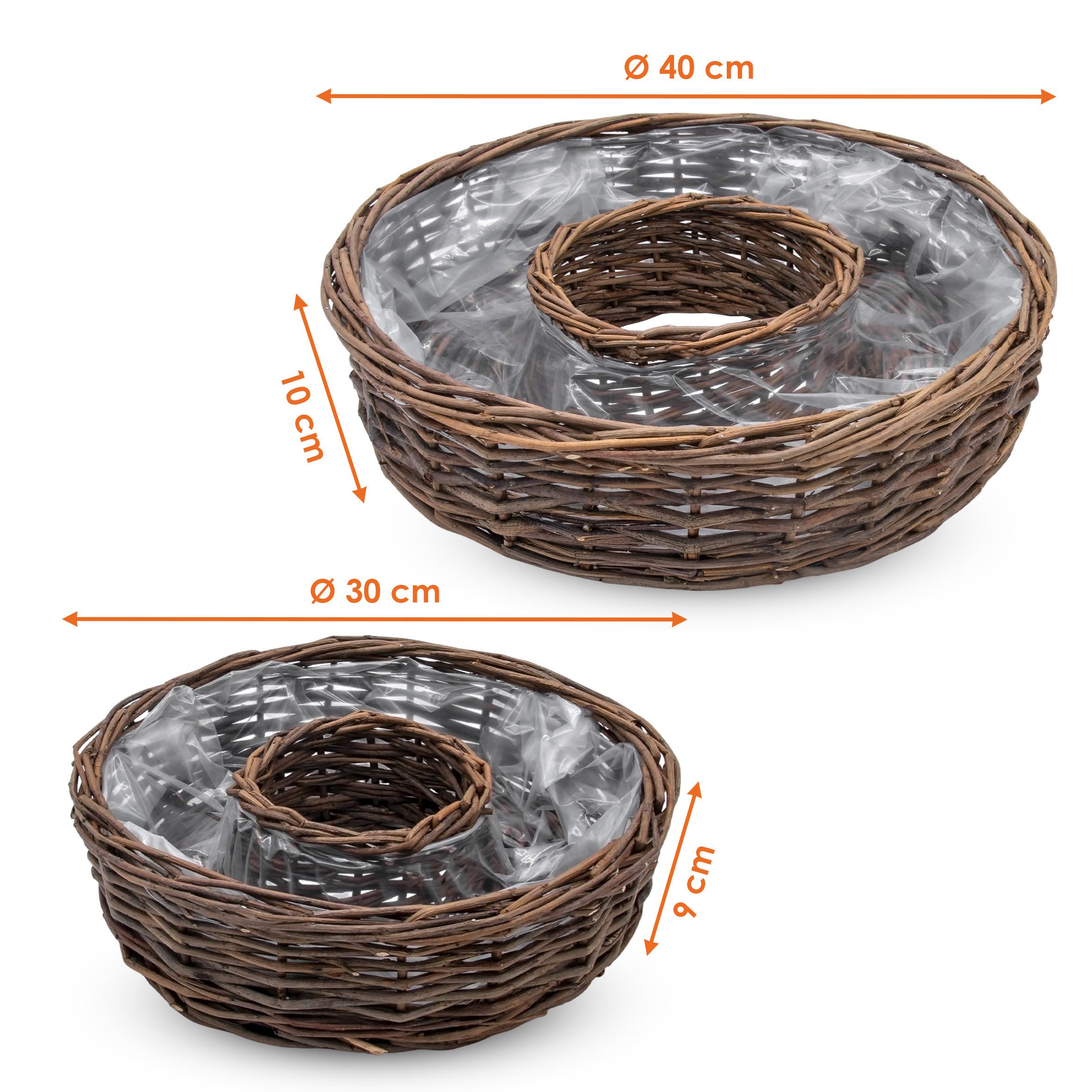 Spetebo Blumentopf Rattan Pflanzring natur (1 Set, 2 St., mit Folie), Weide Blumenschale zum direkten Bepflanzen