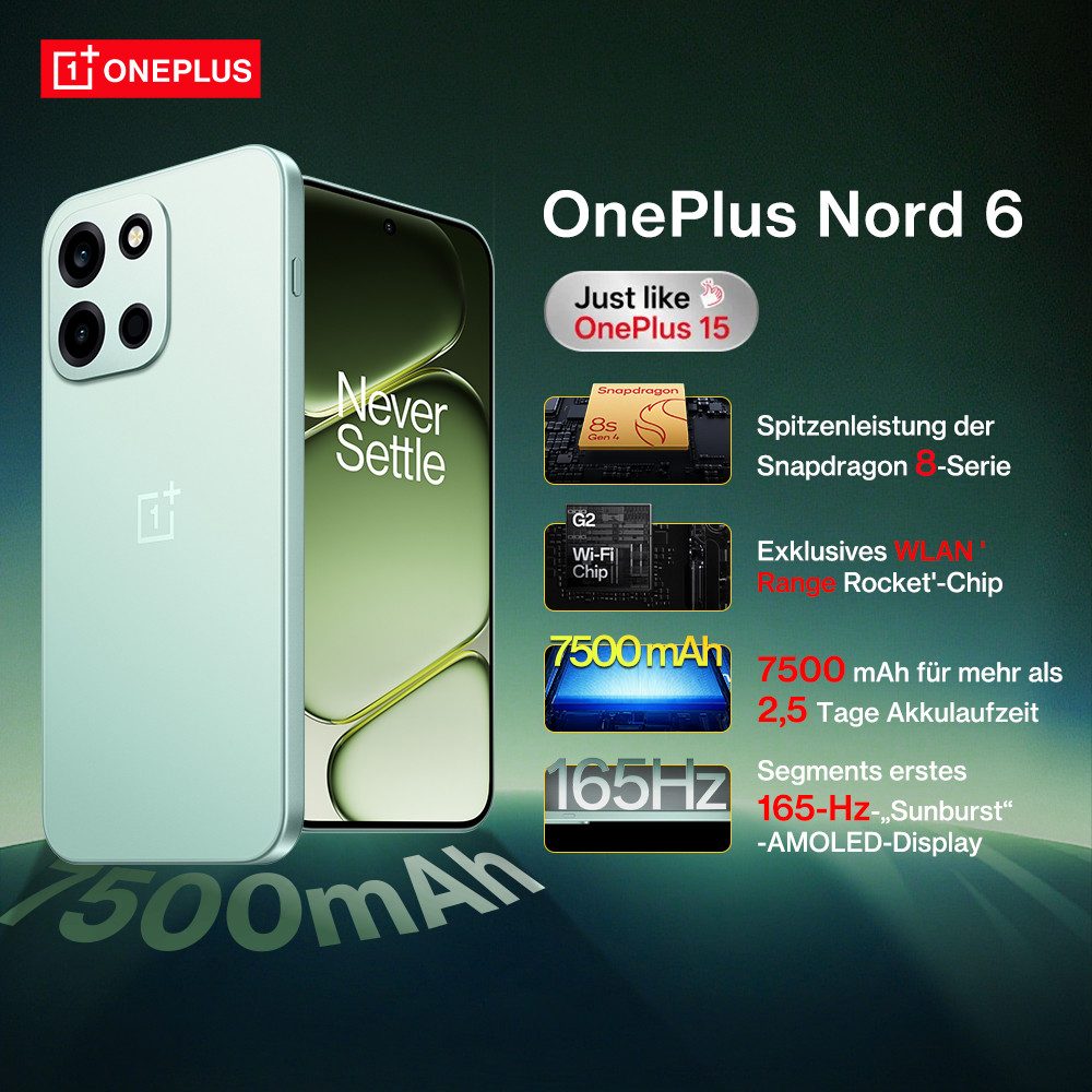 OnePlus OnePlus Nord 6 12GB+512GB Smartphone (6.78 Zoll, 512 GB Speicherplatz, 50 MP Kamera)