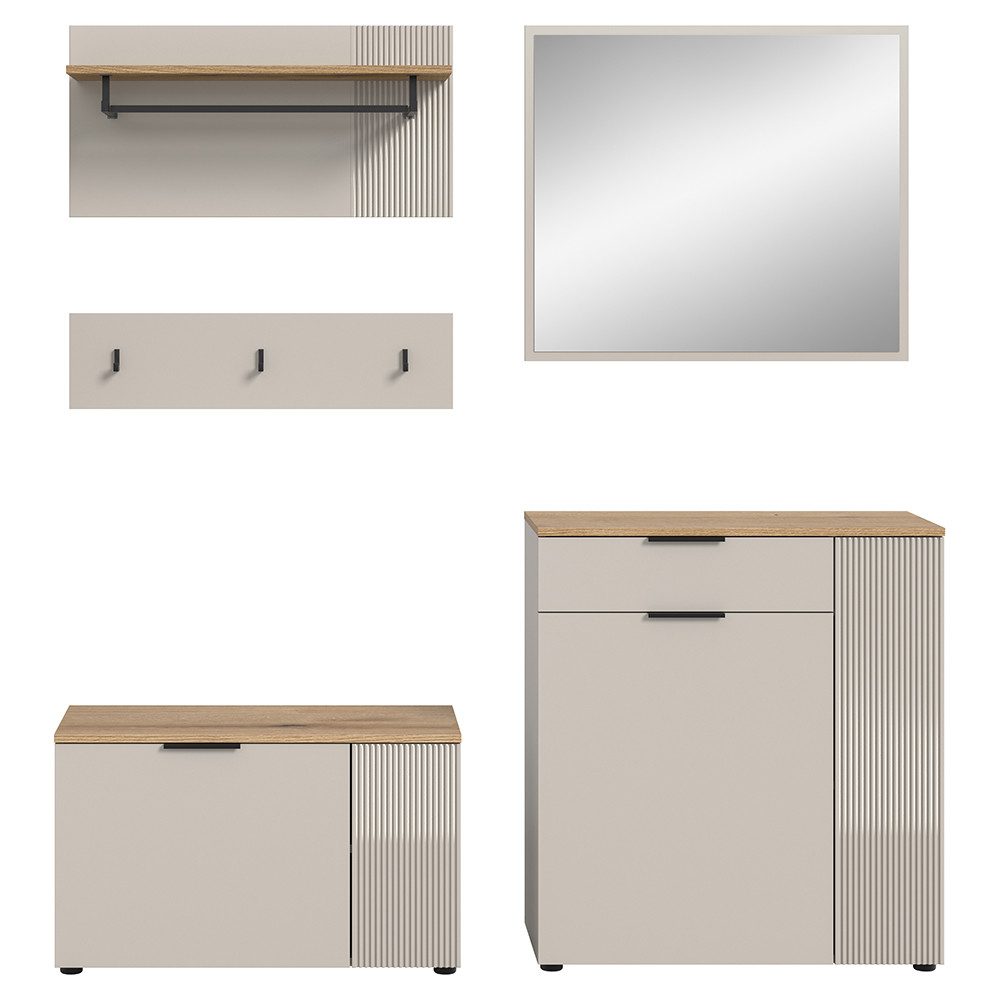 Lomadox Garderoben-Set SIMNAS-158, (Spar-Set, 5-St., Garderobenpaneel (2-teilig) Schuhbank Spiegel Kommode), in Kaschmir & Eiche, gerillte Front