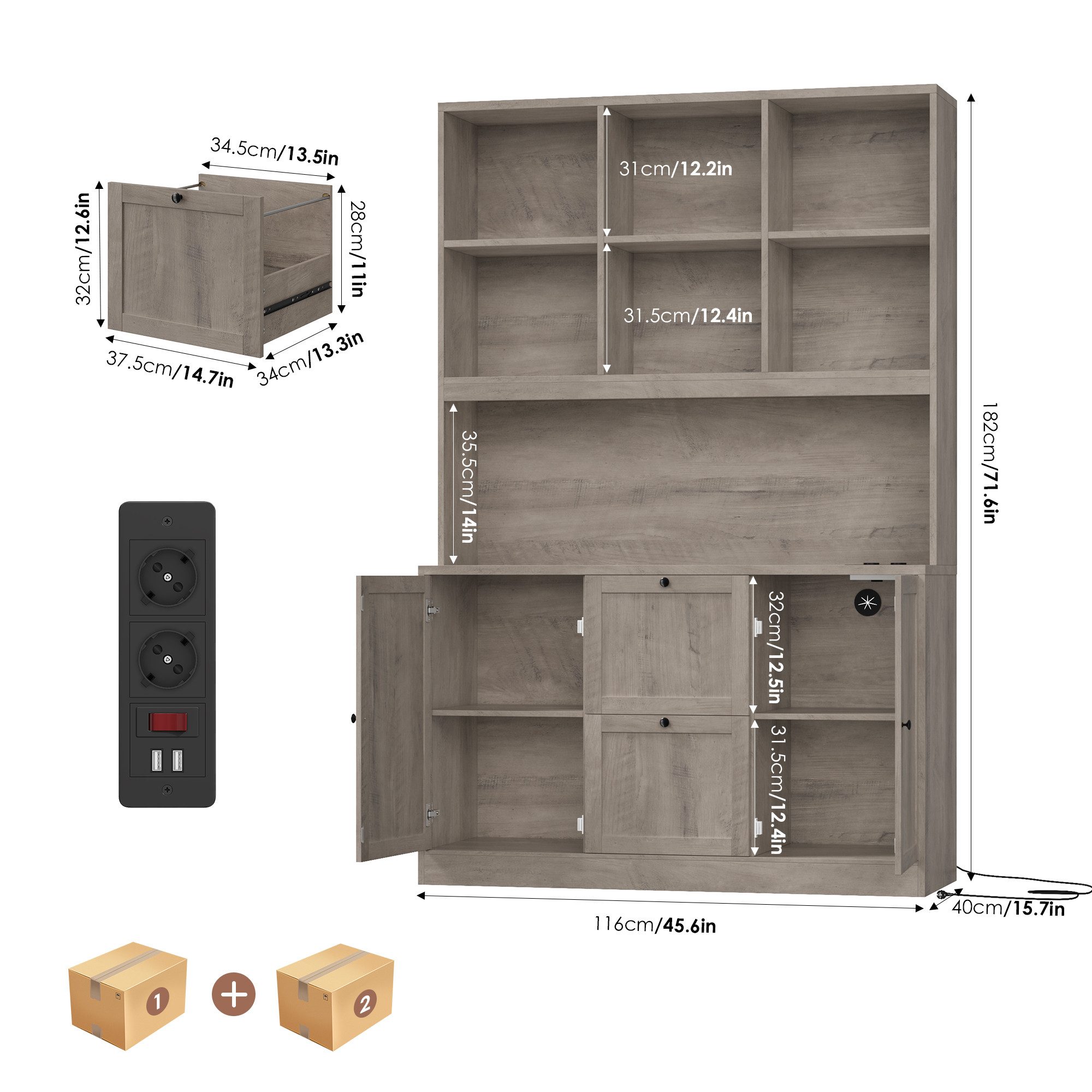 Homfa Bücherregal 182 cm Aktenschrank Mehrzweckschrank, mit Steckdose, 2 Türen und 2 Schubladen für Hängemappen, Artisan Eiche