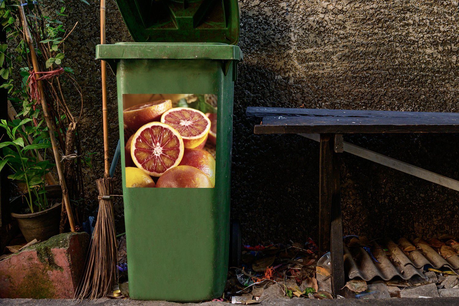 - - MuchoWow Sticker, (1 Abfalbehälter Wandsticker Orange Container, Mülltonne, Mülleimer-aufkleber, St), Obst Zitrusfrüchte