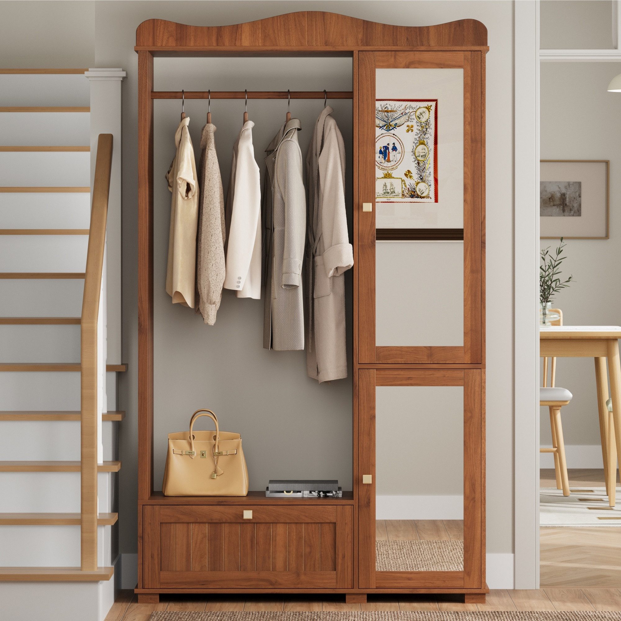 MODFU Garderobenschrank Praktisch mit Schublade & 2 Türen, nur 38,5 cm tief (Set, 1-St., in Nussbaum mit integriertem Spiegel, 115,5x194,5 cm) Ideal für die platzsparende Aufbewahrung in Flur oder Schlafzimmer