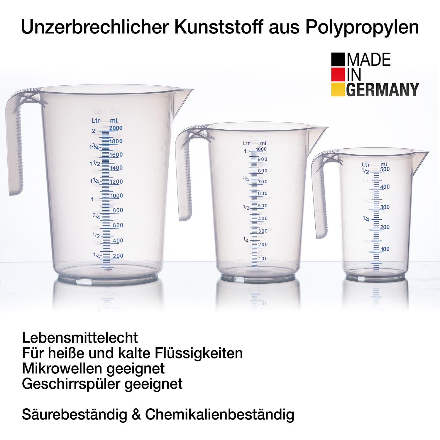 Made 3 Germany, Polypropylen-Kunststoff hitzebeständig 500ml, Größen: Messbecher Skala, BigDean in 2L 1L, Set