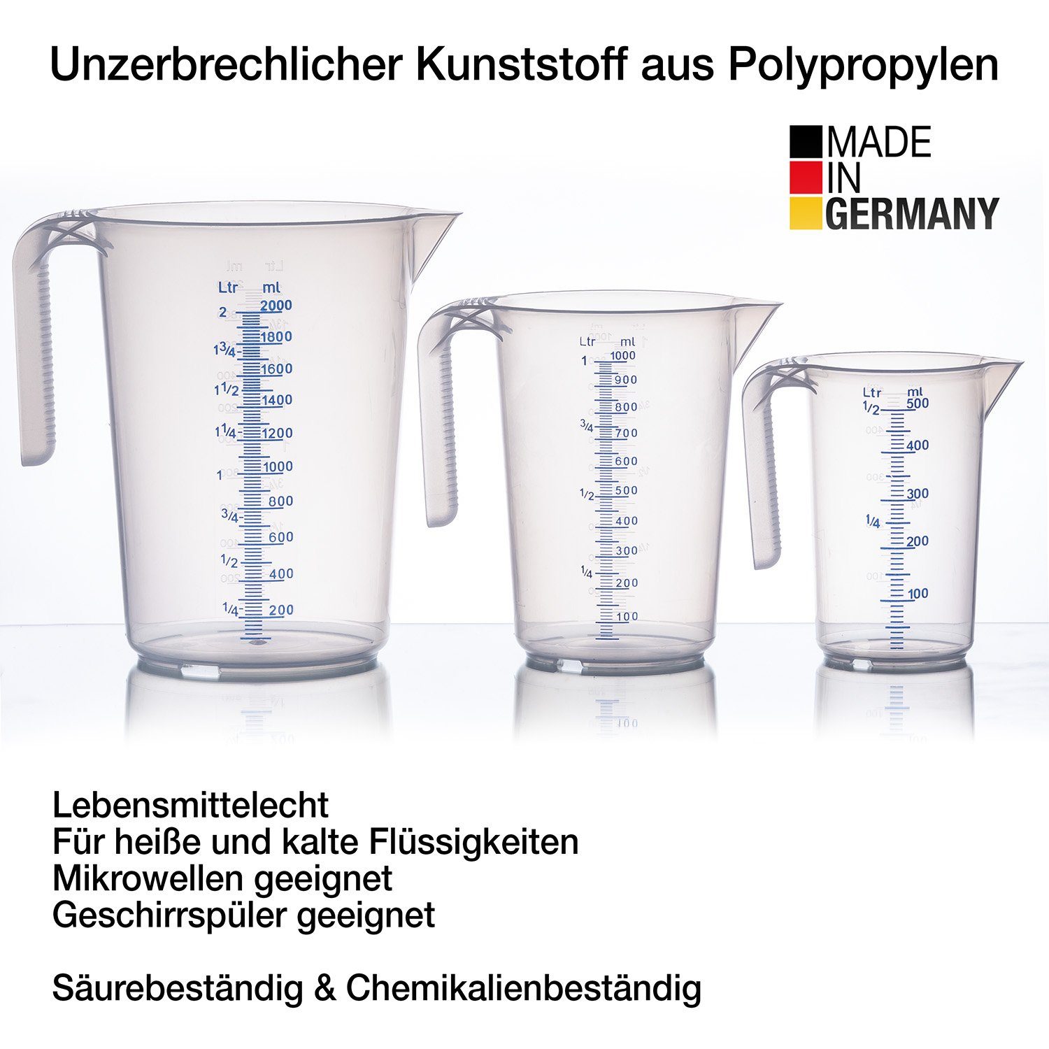BigDean Messbecher Set - 3 Größen: 500ml, 1L, 2L Skala, hitzebeständig Made in Germany, Kunststoff, (Set, 3-St., Messbecher), Gut ablesbare, feine, blau & weiß geprägte Mess-Skala, Säurebeständig