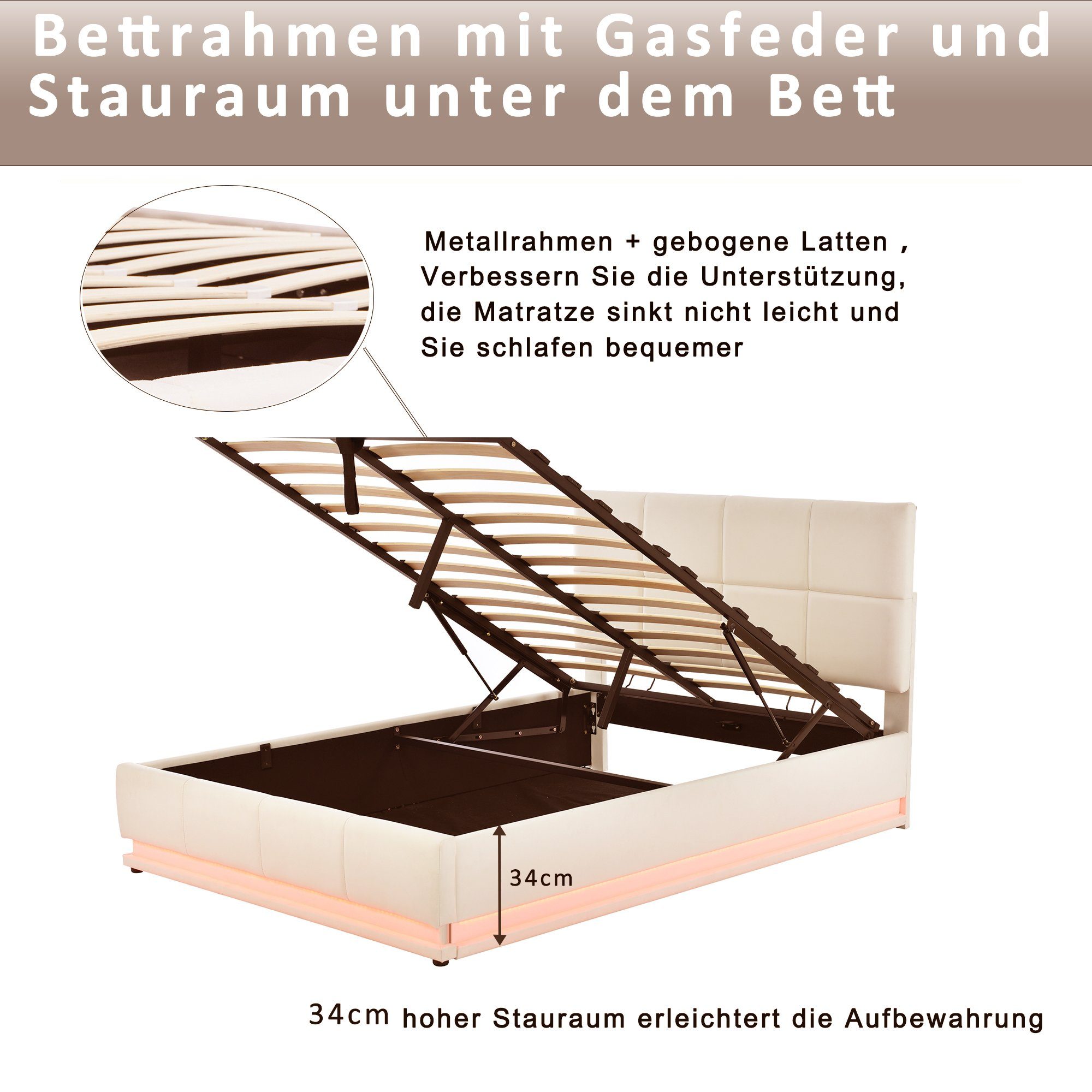 Doppelbett Matratze LED REDOM ohne Leder) Polsterbett (mit Hydraulisch Bett Funktionsbett aus Beleuchtung Hellgrau