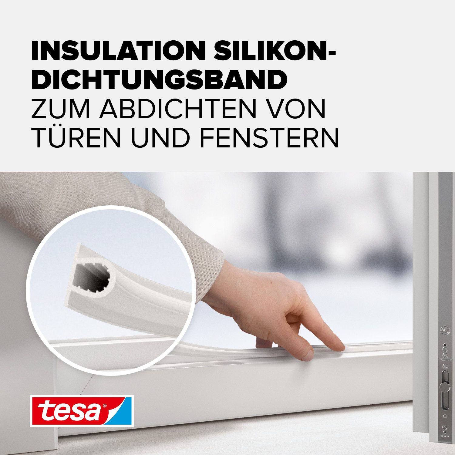 tesa Dichtband INSULATION Dichtungsband Premium - Selbstklebende Silikondichtung (Packung, 1-St., Dichtungsband weiß - 6 m x 9 mm x 7 mm) zum Isolieren von Spalten an Fenstern und Türen