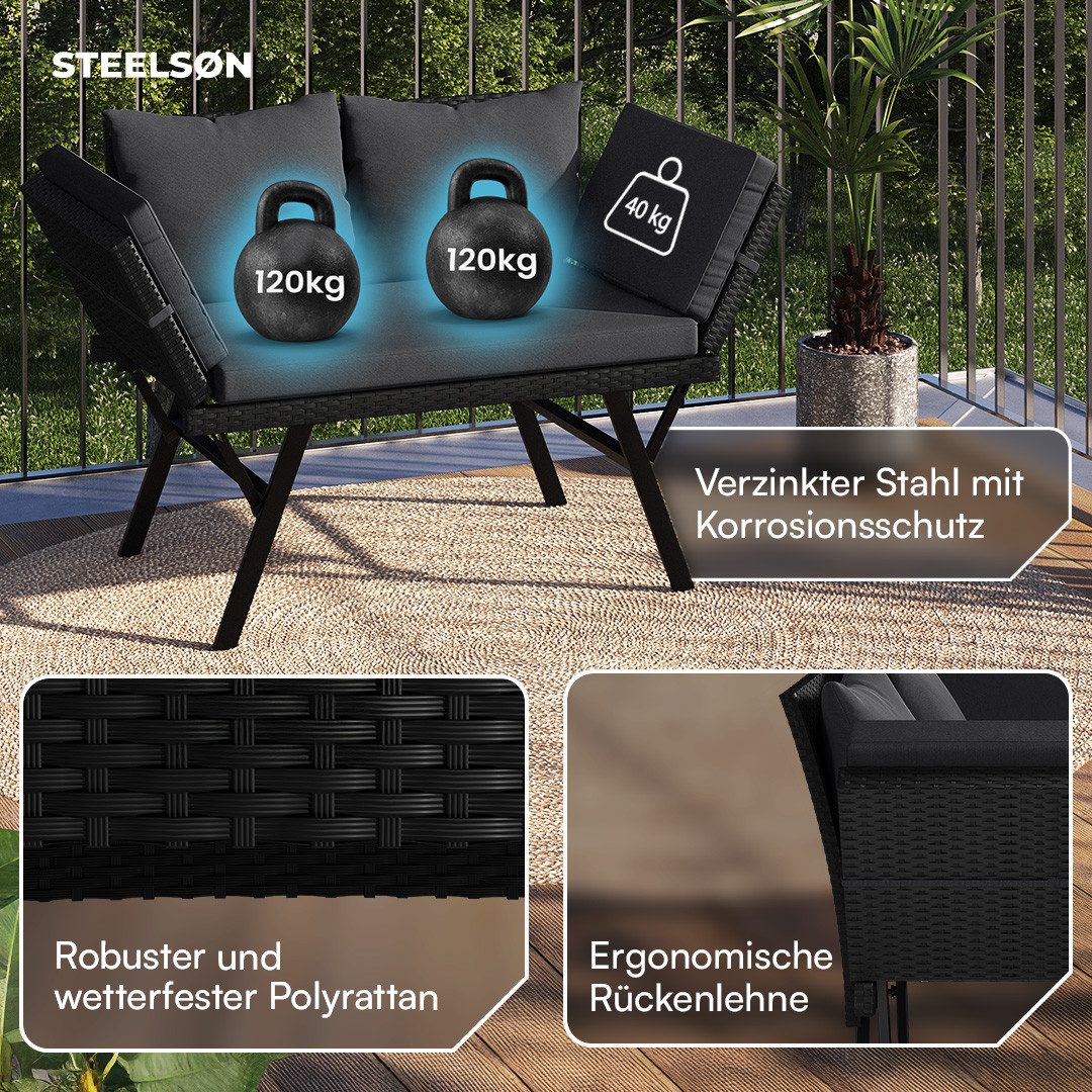 STEELSØN Gartenbank Elytra Relax-Lounge mit klappbaren Armlehnen (schwarz/anthrazit, inkl. Kissen), 4 Positionen dank Liegefunktion, Rattan Sitzbank wetterfest