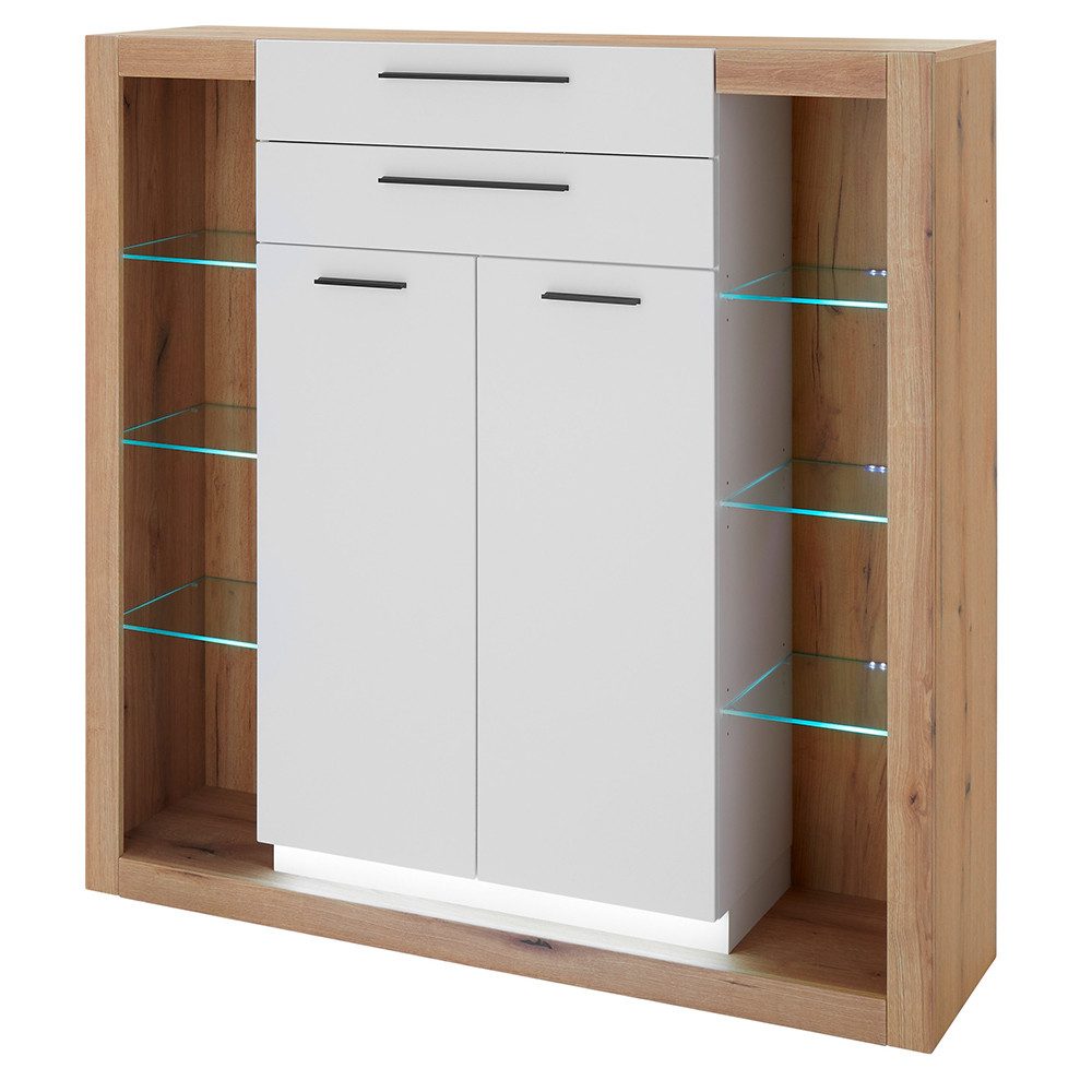 Lomadox Sideboard BELLAGIO-61, Highboard in weiß mit Eiche 140 cm breit mit viel Stauraum