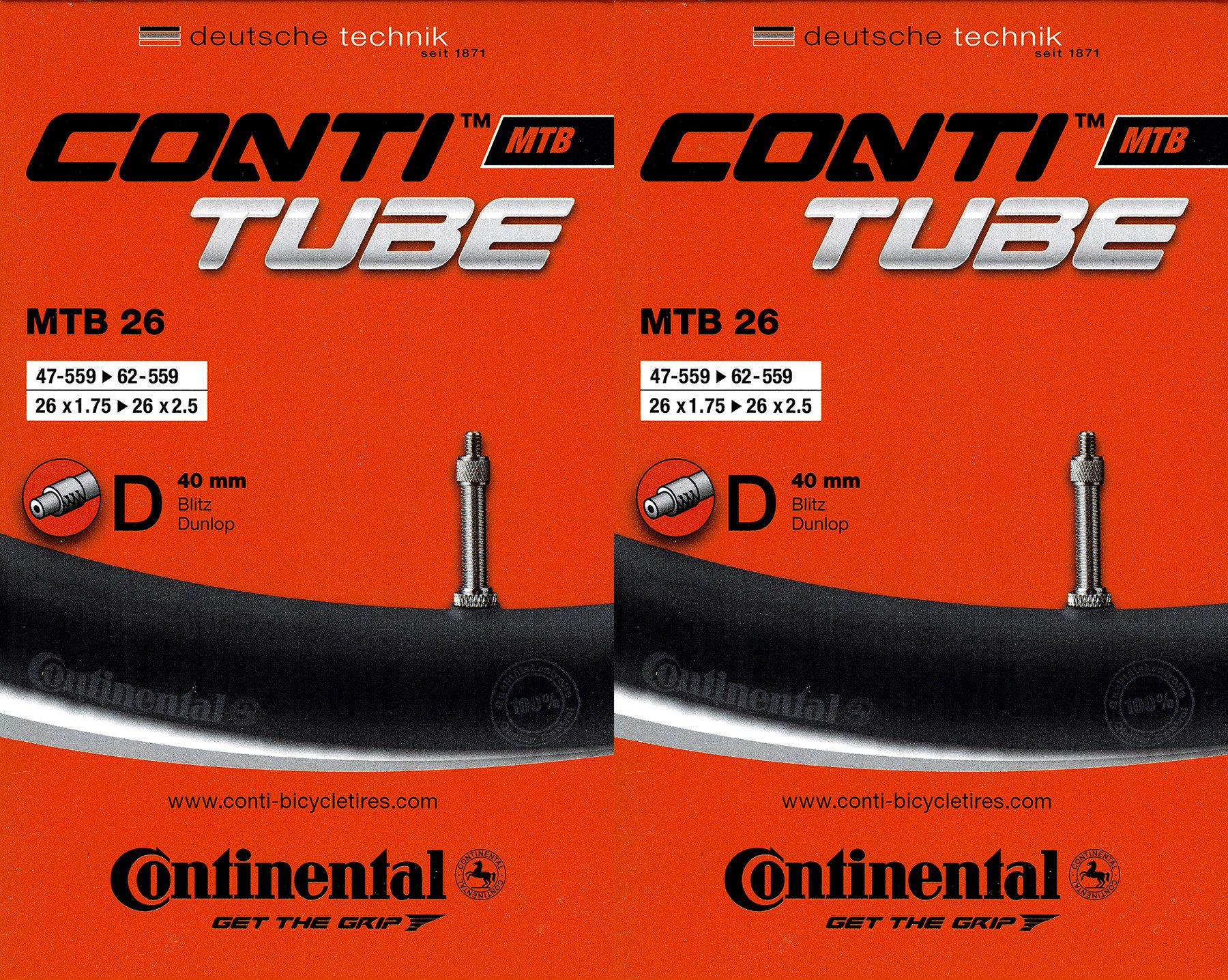 Fahrradschlauch 2x Continental MTB 26 Schlauch 26 Zoll DV (47/62-559) DV 40mm