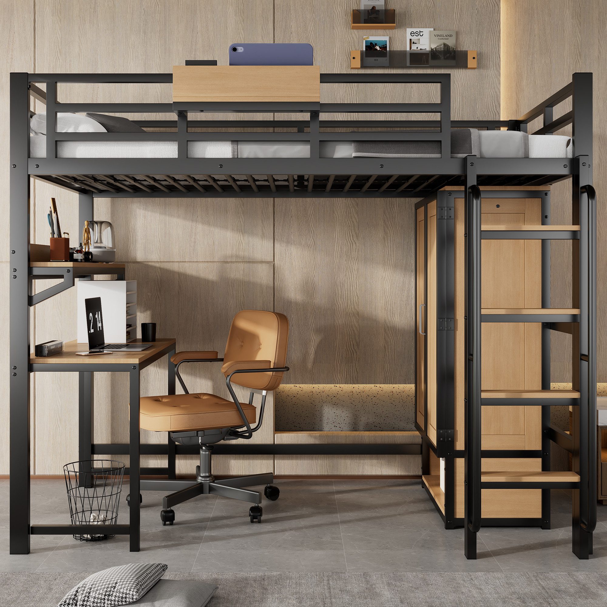 Odikalo Loft Bed 90x200 Metal Bed with Desk & Wardrobe (Iron Bed, Youth Bed, Children's Bed, With Double Door Wardrobe, Stairs with Handrails, With Desk and Storage Shelf, Upper Bed with Shelves, Iron + MDF, Black+Natural, 90x200cm)