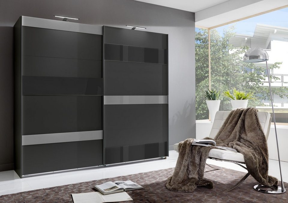 möbelando Schwebetürenschrank Monaco in GRAPHIT, GLAS SCHWARZ GLAS LIGHT  GREY mit 2 Türen und 2 Einlegeböden. Abmessungen (BxH) 180x210 cm