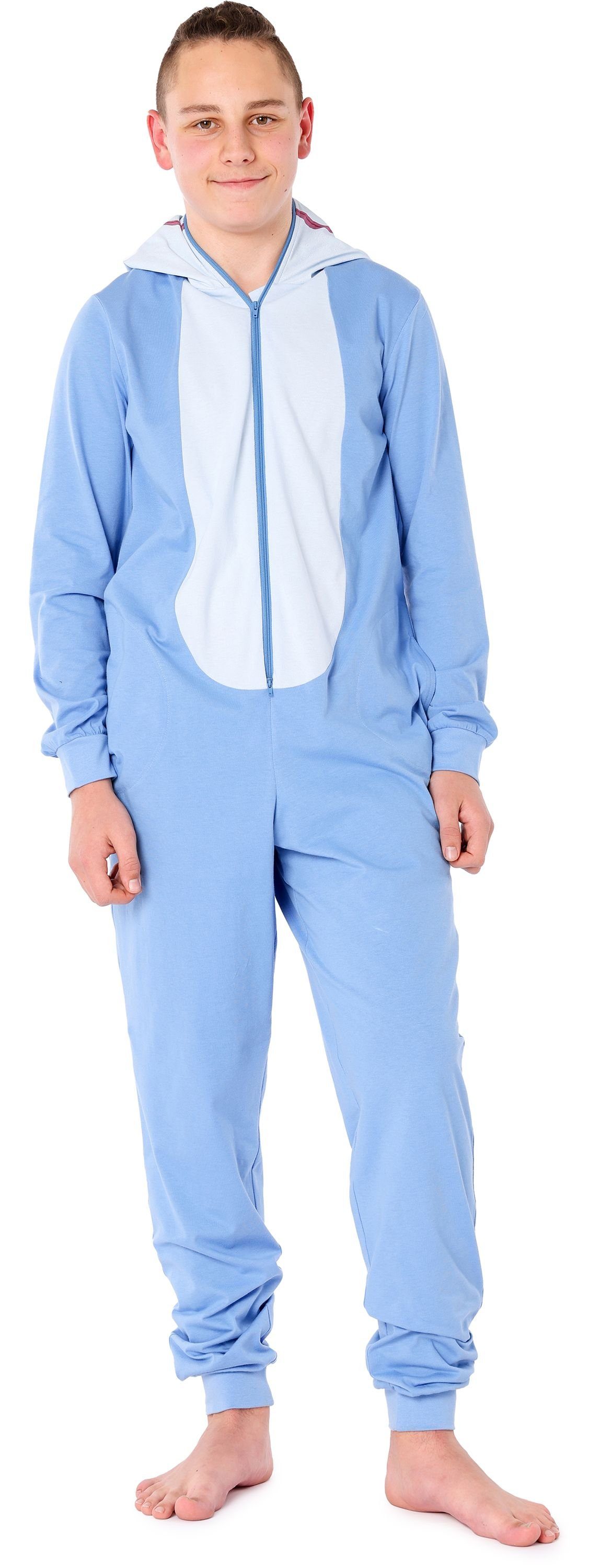 mit Schlafanzug Schlafoverall LA40-240 Tierkostüm Hai Jungen Baumwolle aus ohne Blau Kapuze Ladeheid