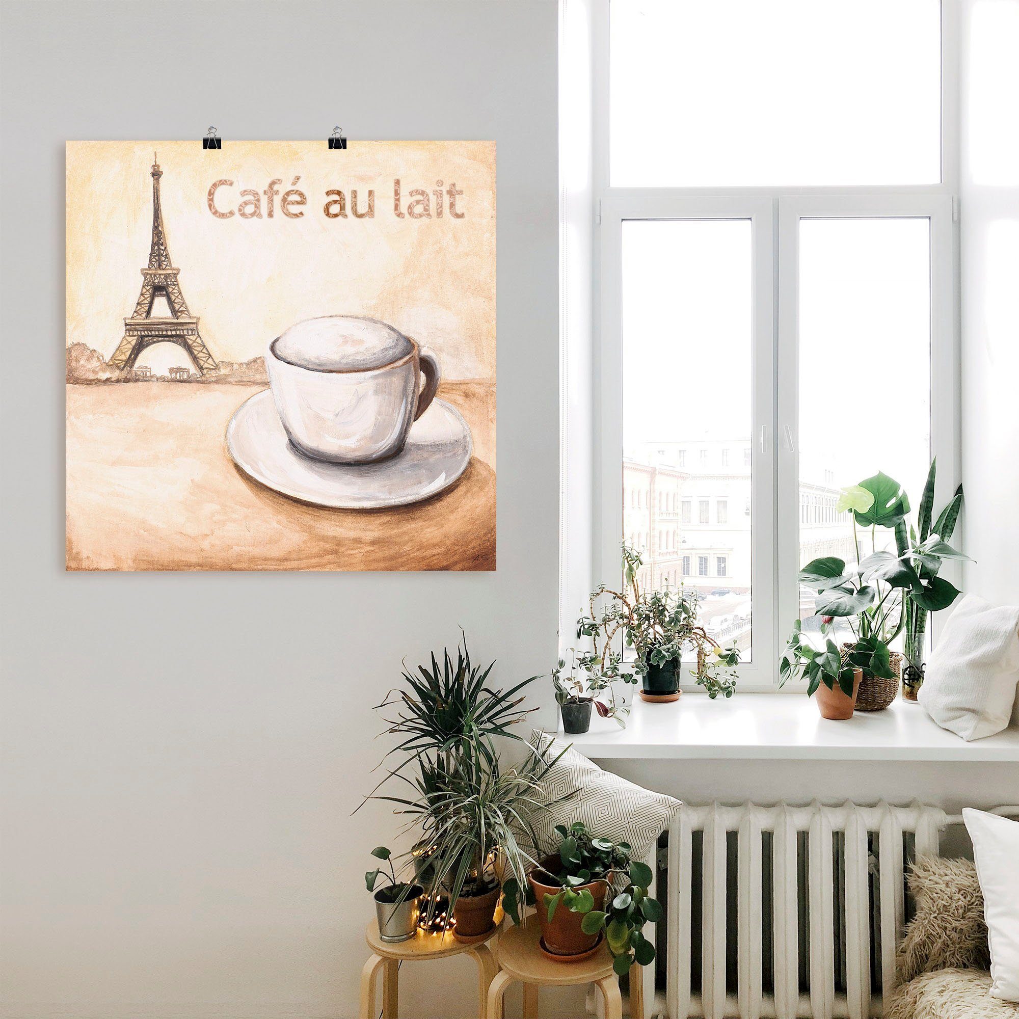 Artland Wandbild Café au lait Paris, Leinwandbild, als oder Bilder Wandaufkleber (1 Poster in Kaffee Größen versch. Alubild, in St)