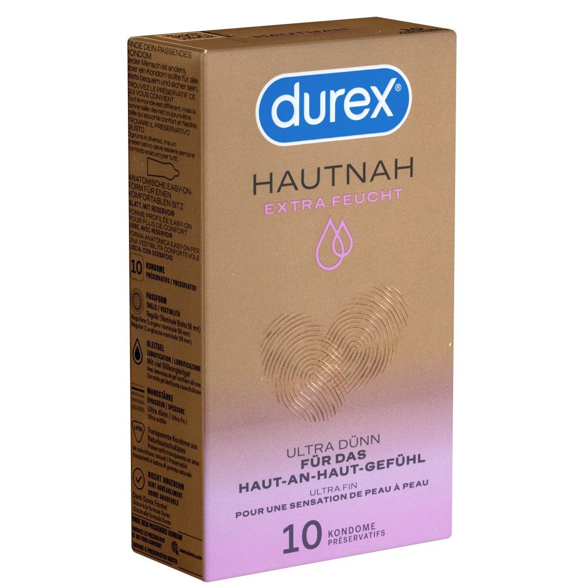 durex Kondome Hautnah Extra Feucht Packung mit, 10 St., ultra dünne Markenkondome mit Easy-On™-Passform