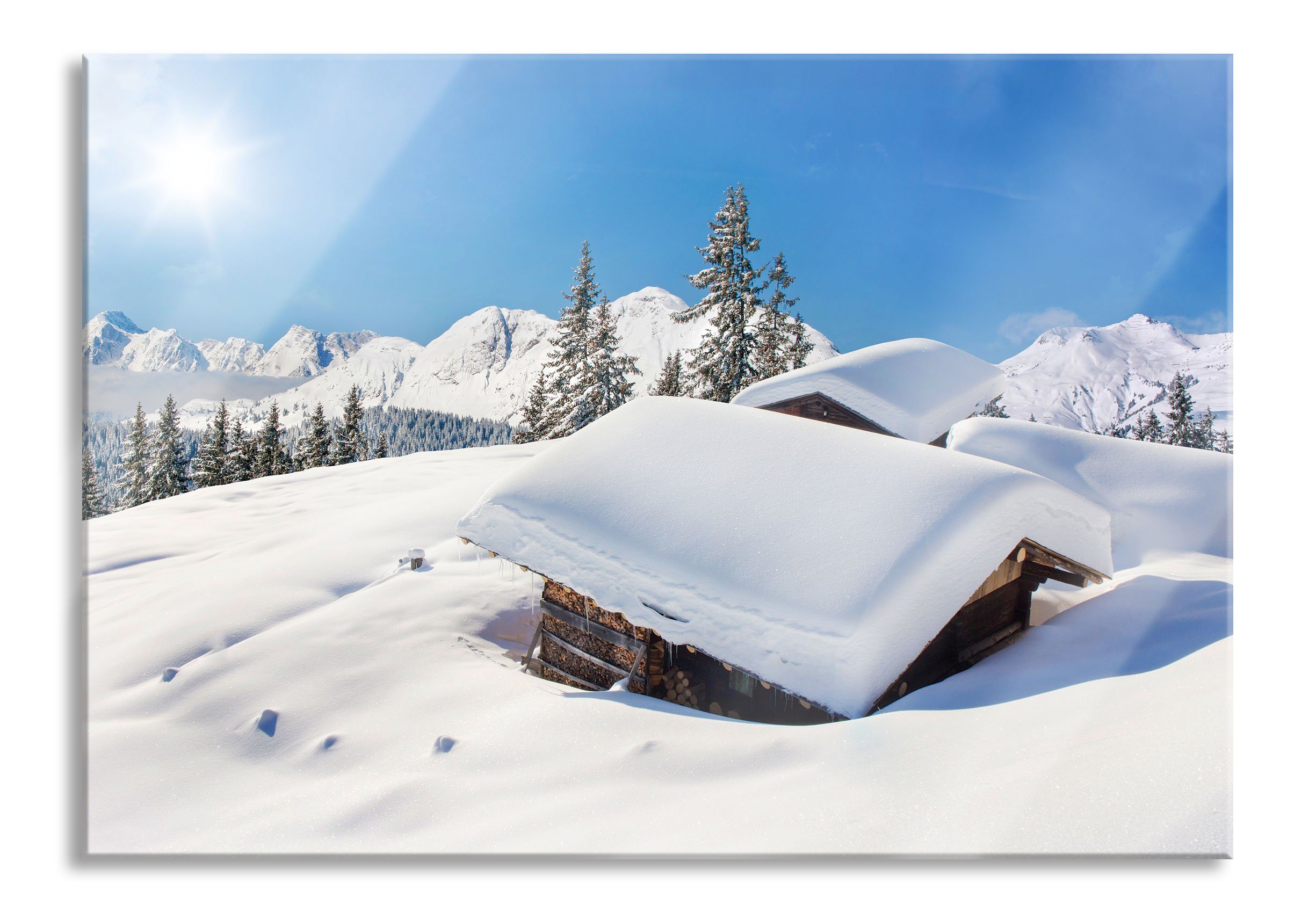 Pixxprint Glasbild Berghütten in den Alpen, Berghütten in den Alpen (1 St), Glasbild aus Echtglas, inkl. Aufhängungen und Abstandshalter