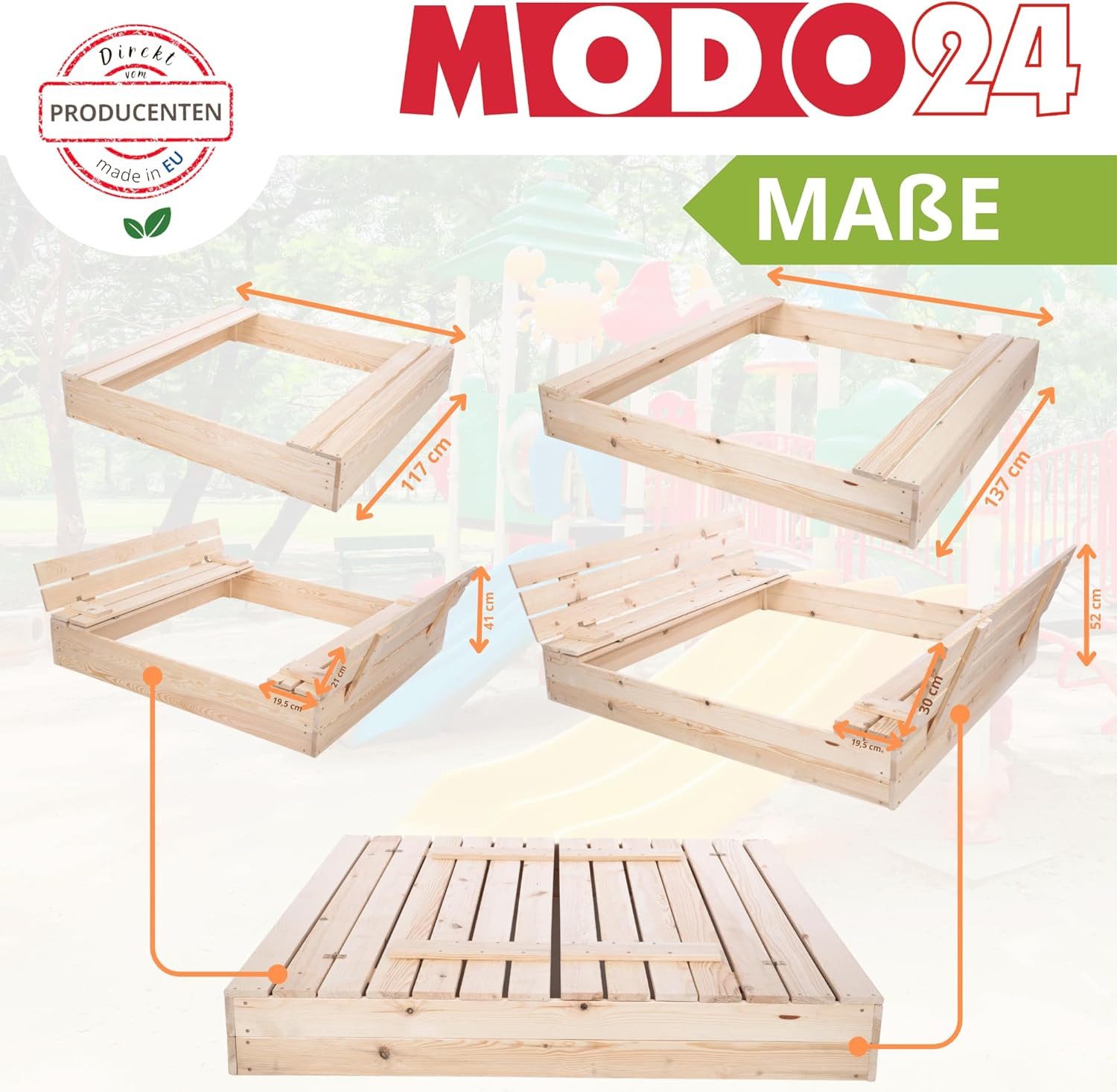 Modo24 Sandkasten Sandkasten mit Sitzbänken, Holzsandkasten, Gartenspielzeug, für Kinder, Sandkasten für Garten, Outdoor Sandkasten mit Bänken