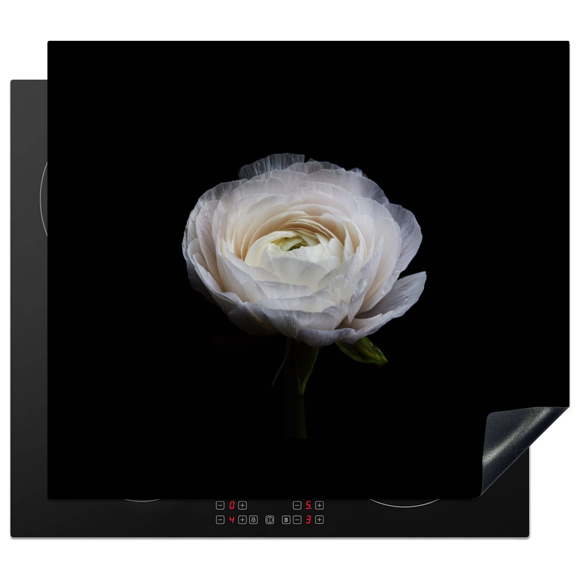 MuchoWow Herdblende-/Abdeckplatte Blume - Schwarz - Weiß, Vinyl, (1 tlg), 57x51 cm, Induktionsschutz, Induktionskochfeld, Ceranfeldabdeckung