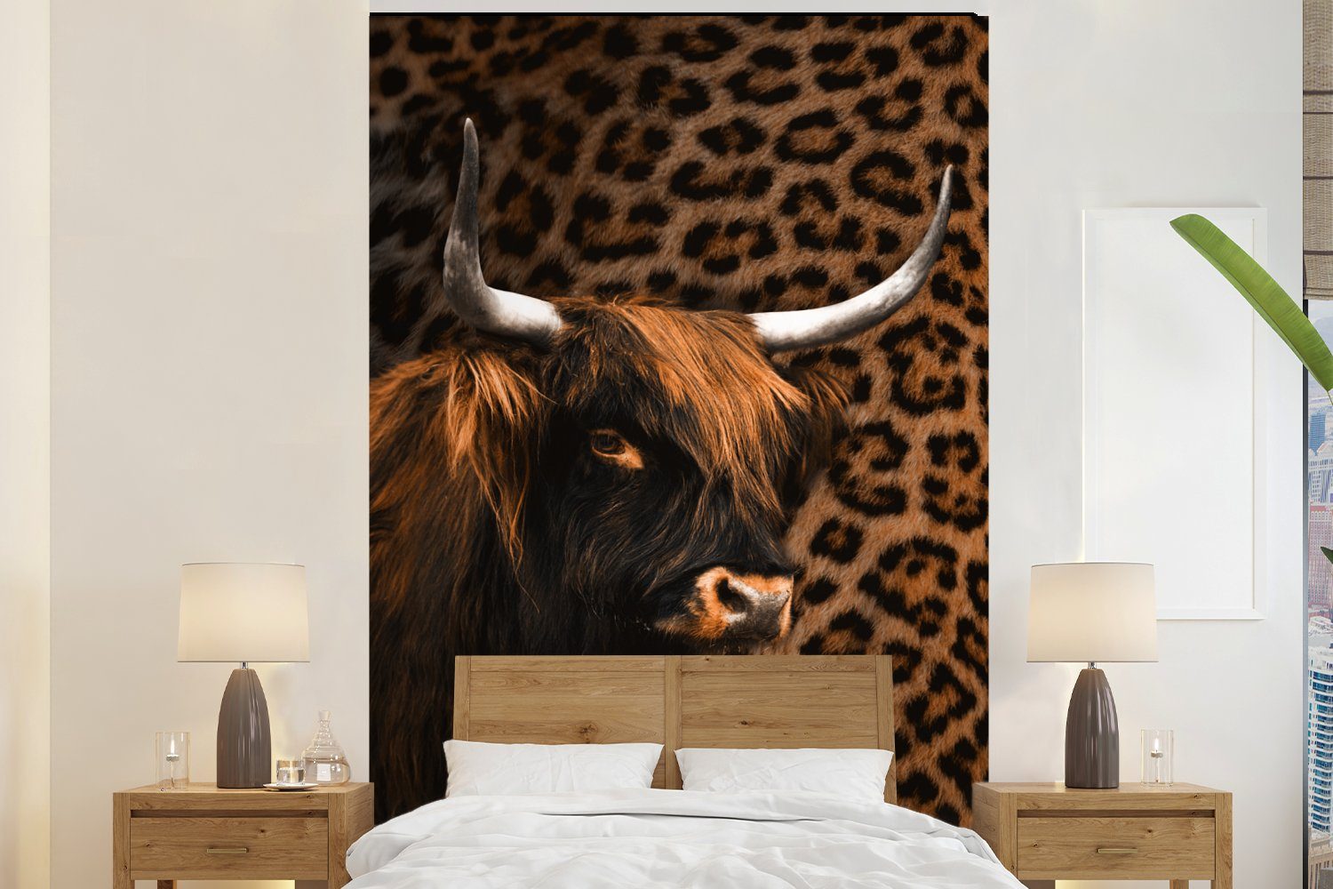 MuchoWow Fototapete Schottischer Highlander - Kuh - Panther, Matt, bedruckt, (3 St), Montagefertig Vinyl Tapete für Wohnzimmer, Wandtapete