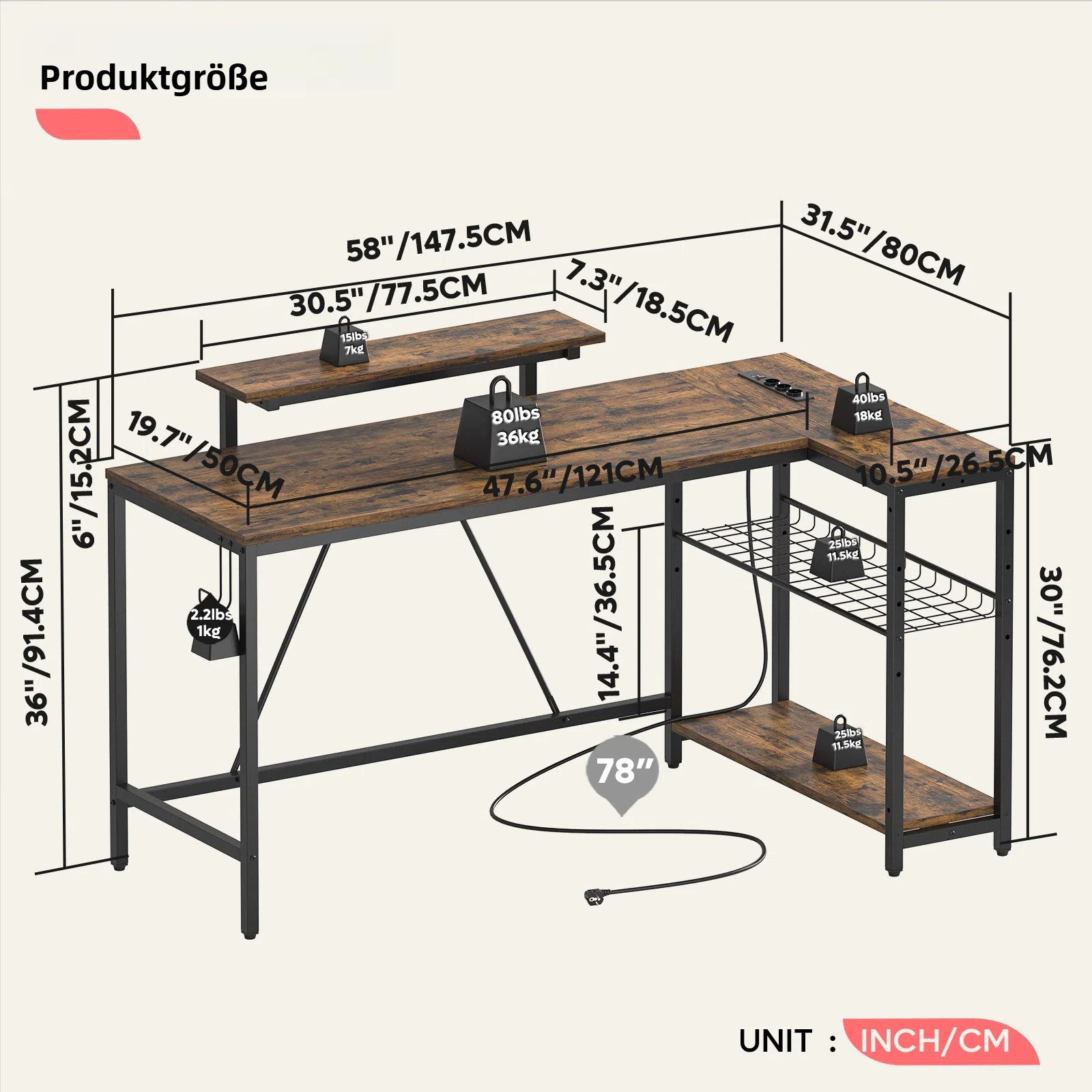 Bestier Gamingtisch Gaming-Schreibtisch L-Form mit LED, 106/133/147 × 50 cm günstig online kaufen