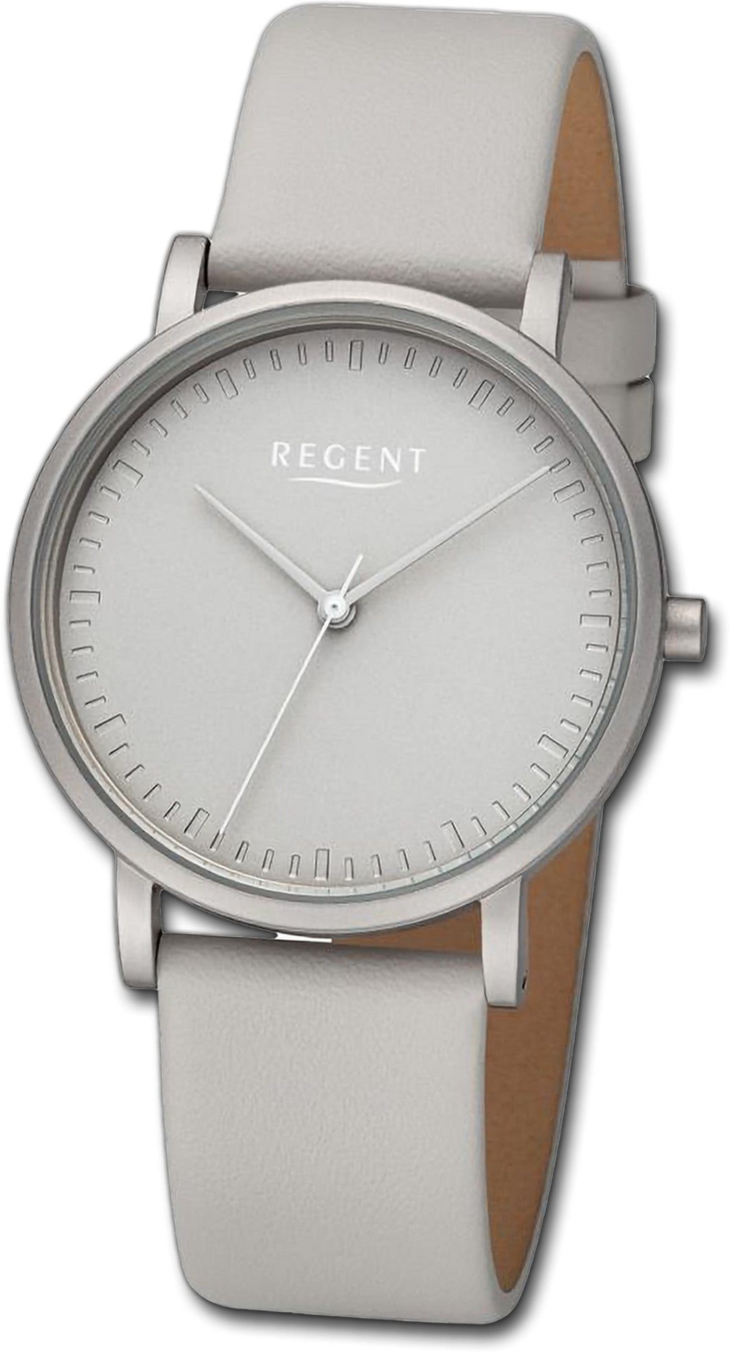 Regent Quarzuhr Regent Damen Armbanduhr Analog, Damenuhr Lederarmband hellgrau, rundes Gehäuse, extra groß (ca. 36mm)