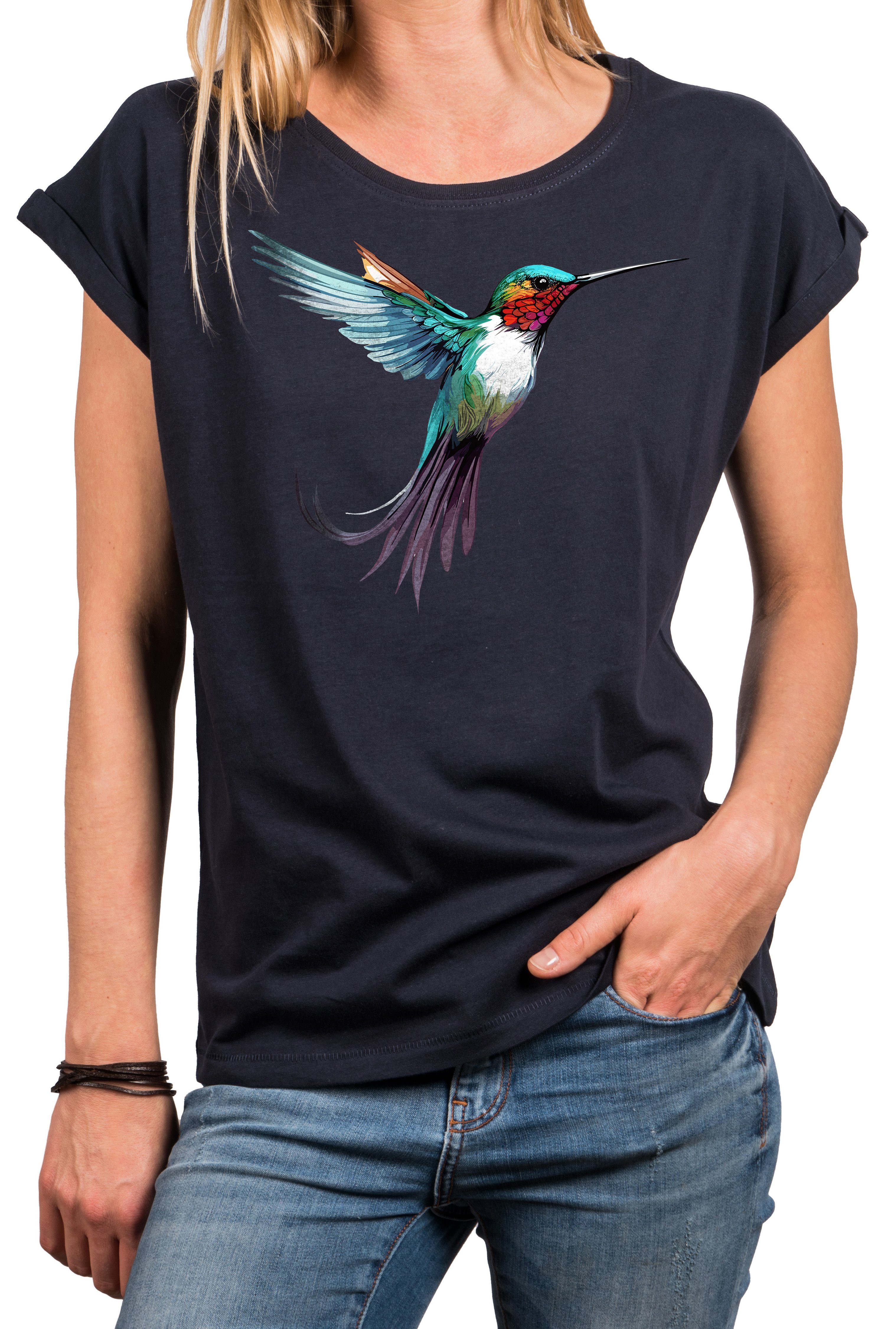 MAKAYA Print-Shirt Damen Kolibri Motiv Sommer Top Druck Vogel Kurzarmshirt Tunika Oversize, große Größen Blau