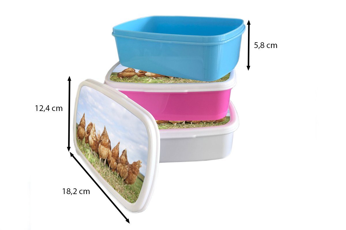 MuchoWow Lunchbox Hühner auf dem Jungs Kunststoff, Brotbox für Brotdose, Feld, weiß (2-tlg), Kinder und Erwachsene, für und Mädchen
