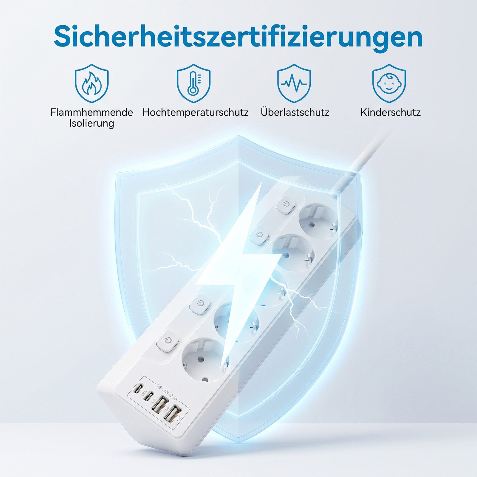 AKKEE Tischsteckdosenleiste mit 4/5/6 Steckdosen, Unabhängigem Schalter Mehrfachsteckdose (2M Verlängerungskabel für Küche, Büro, Haushalt, Kabellänge 5 m), Ste – Bild 5 von 5