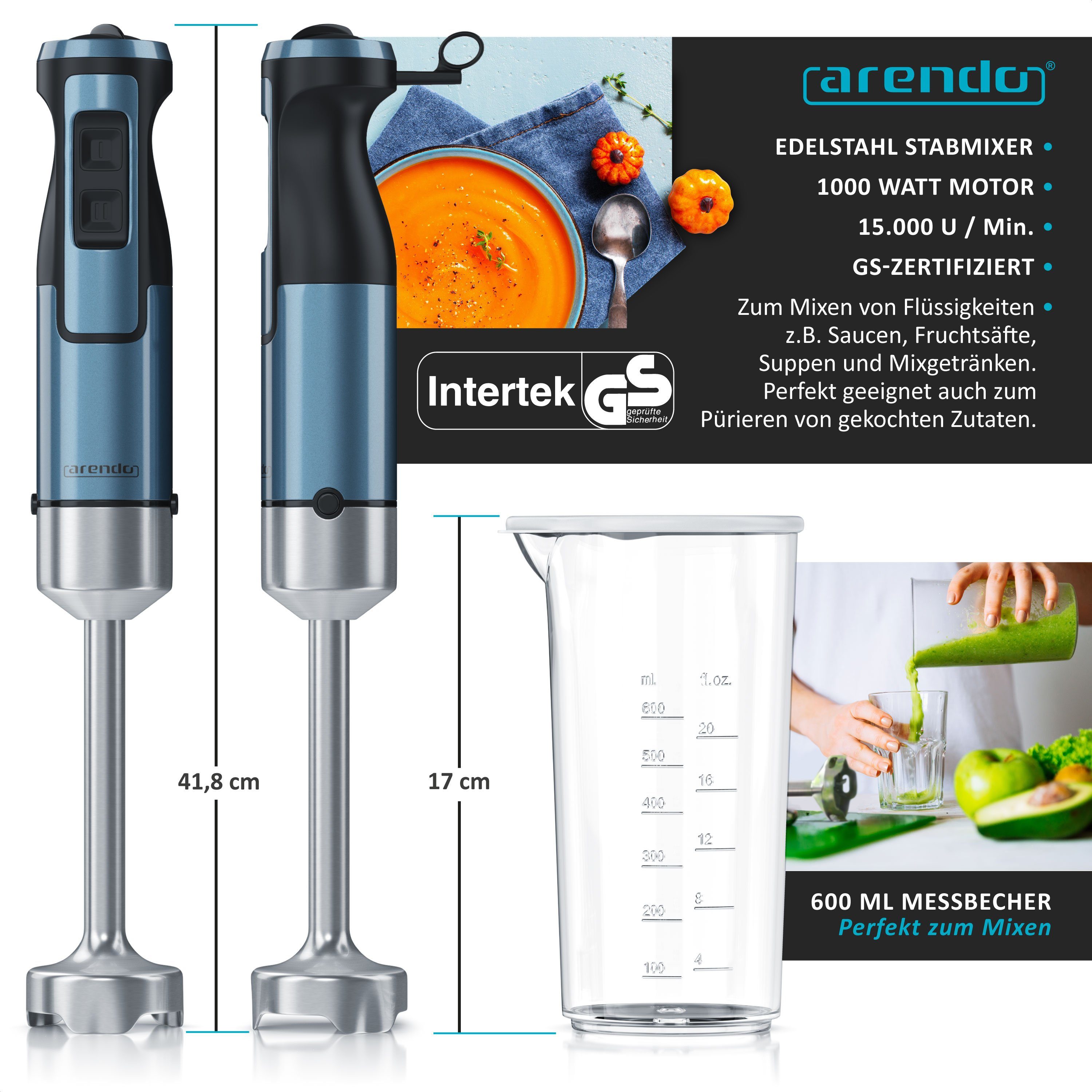 Arendo Stabmixer Edelstahl Pürierstab in Rot mit Messbecher, Handmixer, stufenlose Rege, 1000 W, Turbotaste, Abnehmbarer Mixfuß, GS-Zertifiziert