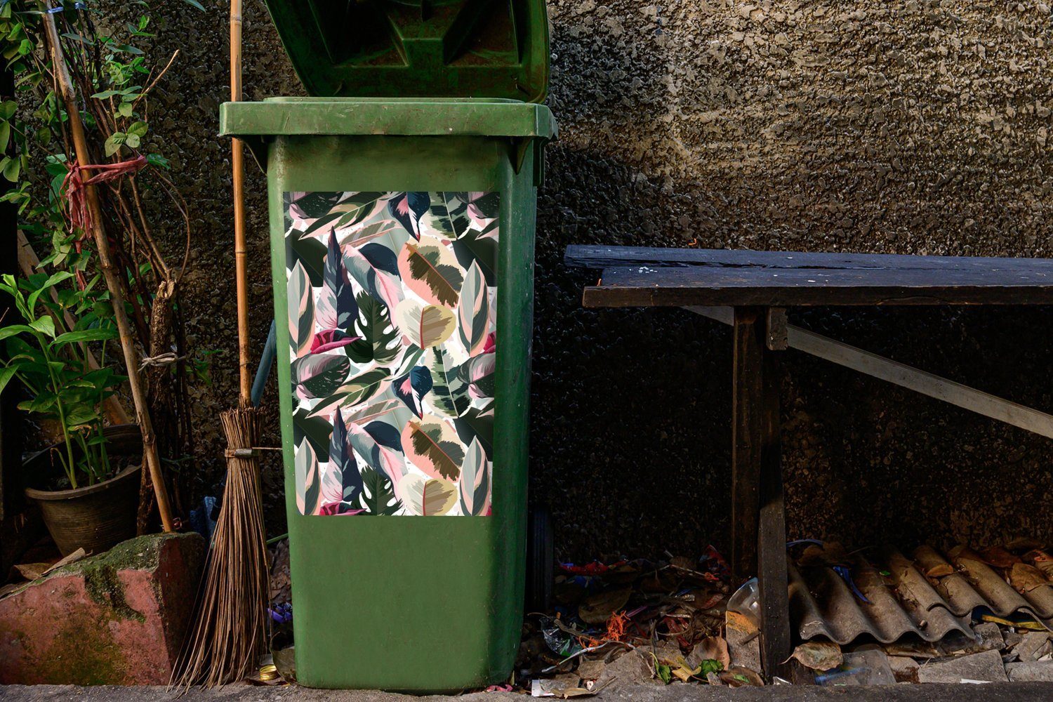 Wandsticker Rosa - Abfalbehälter Blätter (1 Tropisch St), MuchoWow Mülltonne, - Container, Mülleimer-aufkleber, Sticker,